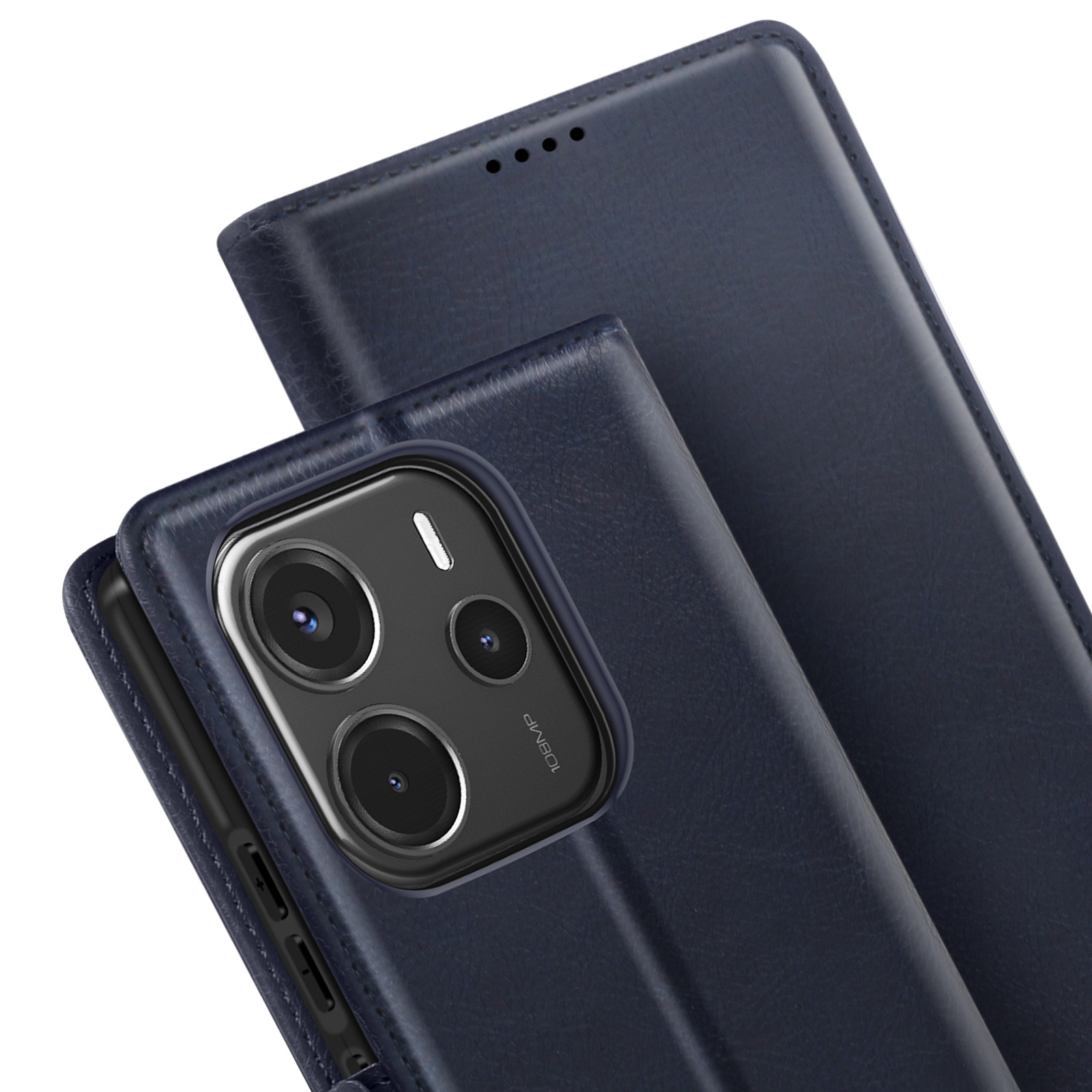 Una custodia per telefono blu navy con la parte superiore parzialmente aperta, che mostra le fotocamere.