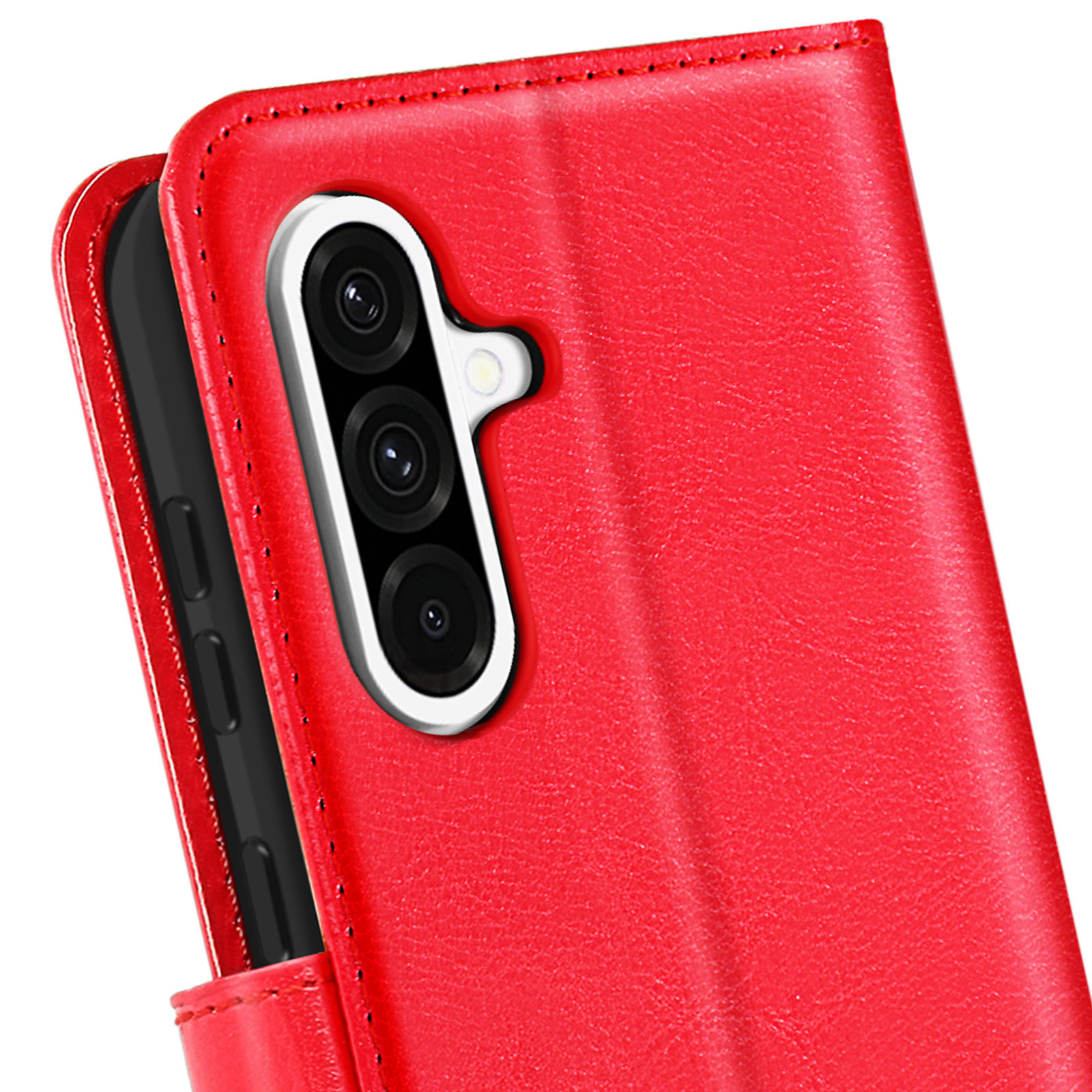 Custodia rossa per telefono con lenti della fotocamera, aperta che rivela la fotocamera del telefono.