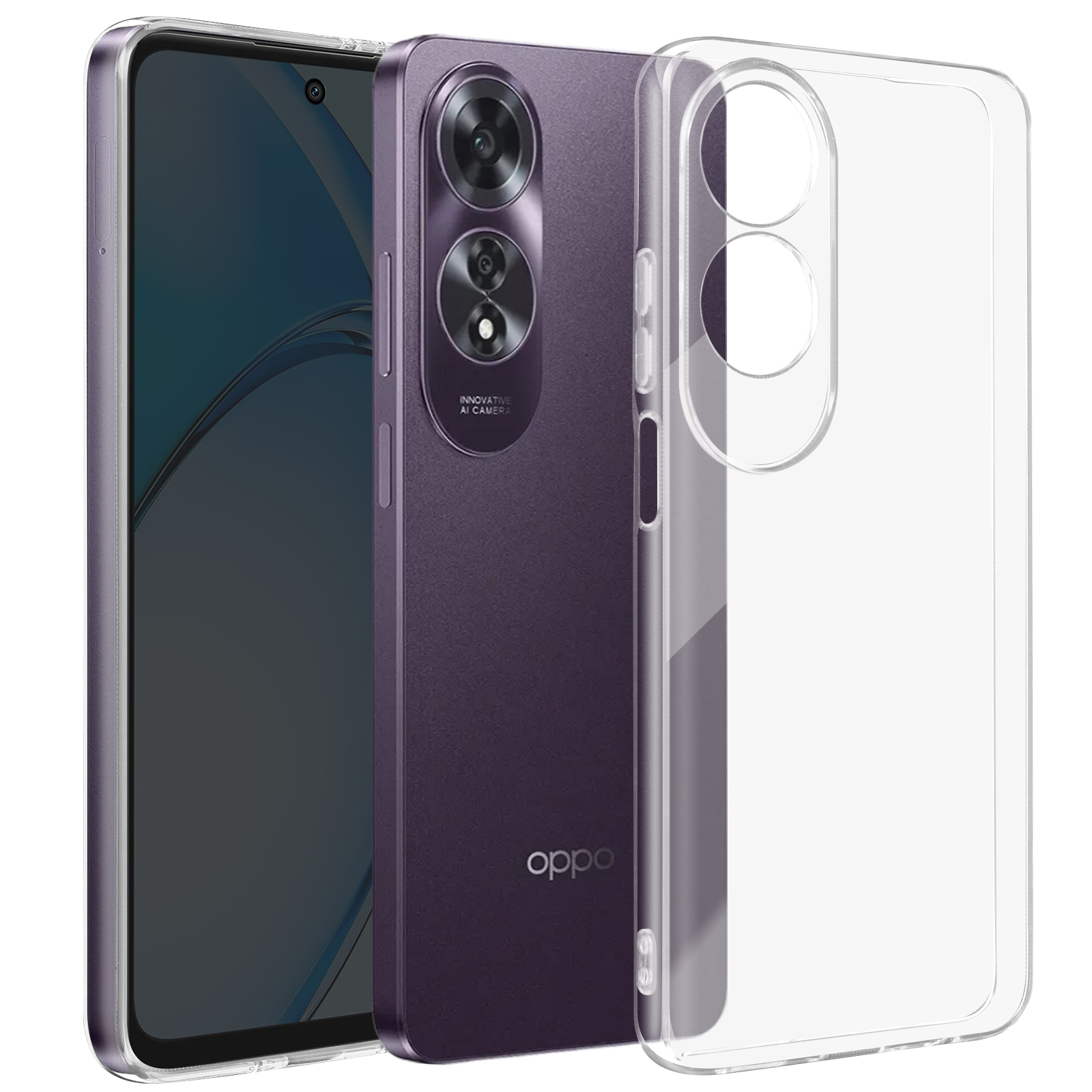 Telefono viola con custodia trasparente, che mostra la fotocamera e il retro del telefono.
