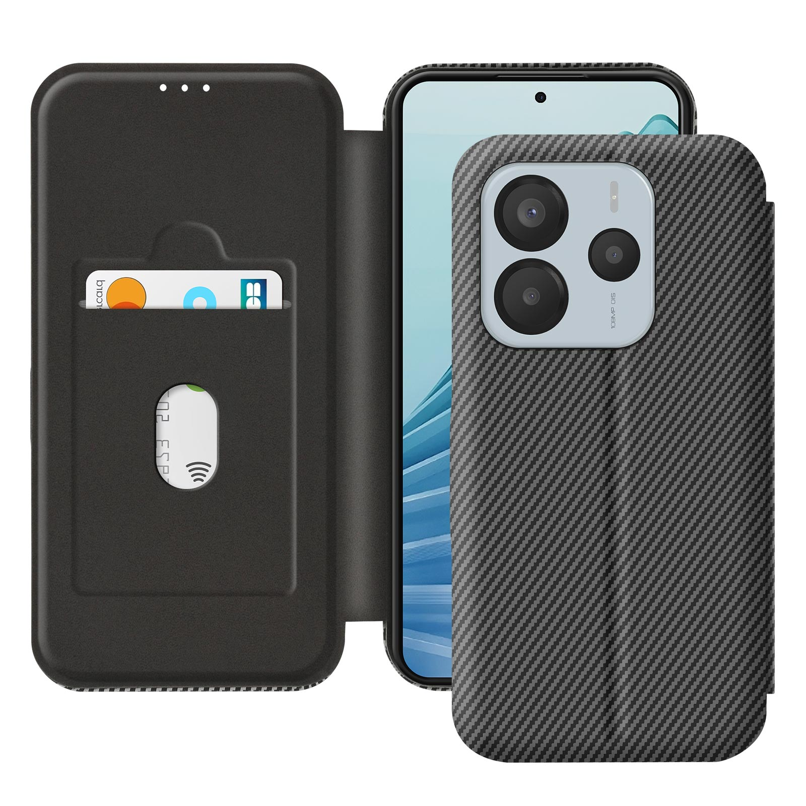 Portafoglio per custodia per telefono nero aperto, con fessura per carte e telefono all'interno, primo piano.