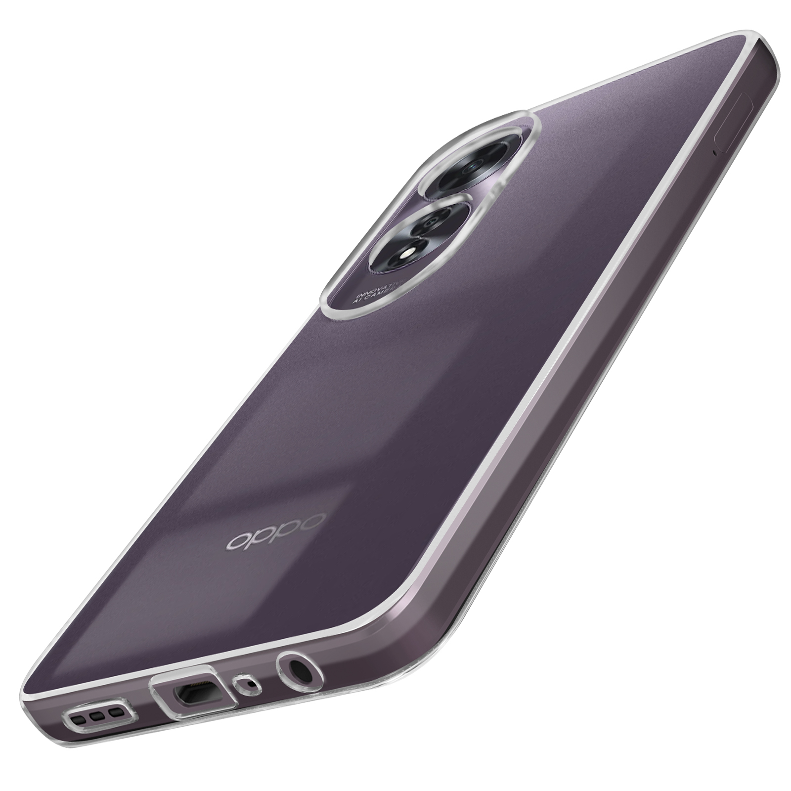 Telefono viola con custodia trasparente, vista angolata che mostra la fotocamera e la parte inferiore.