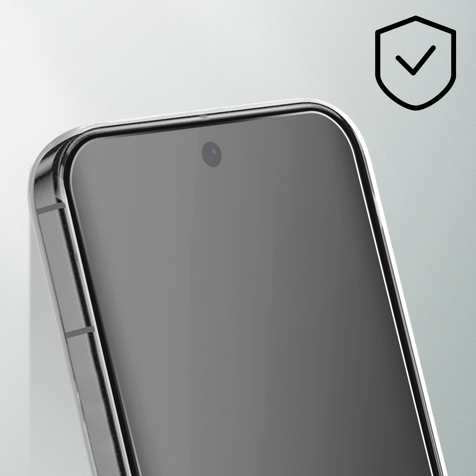 Primo piano dello schermo di un telefono, con custodia trasparente e icona di spunta.