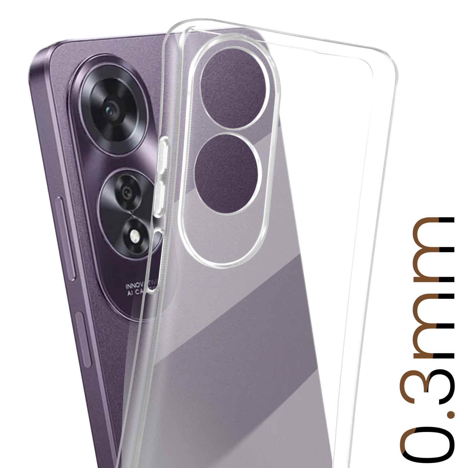 Una custodia trasparente per telefono è su un telefono viola. Il testo recita '0,3 mm'.