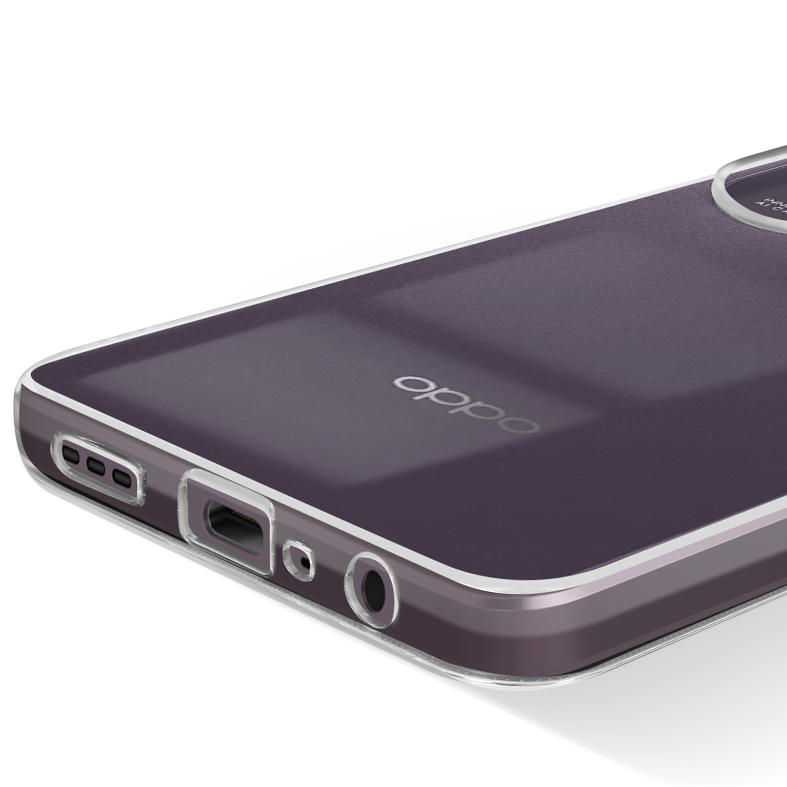 Primo piano di un telefono viola con custodia trasparente. Fotocamera e parola 'oppo'.