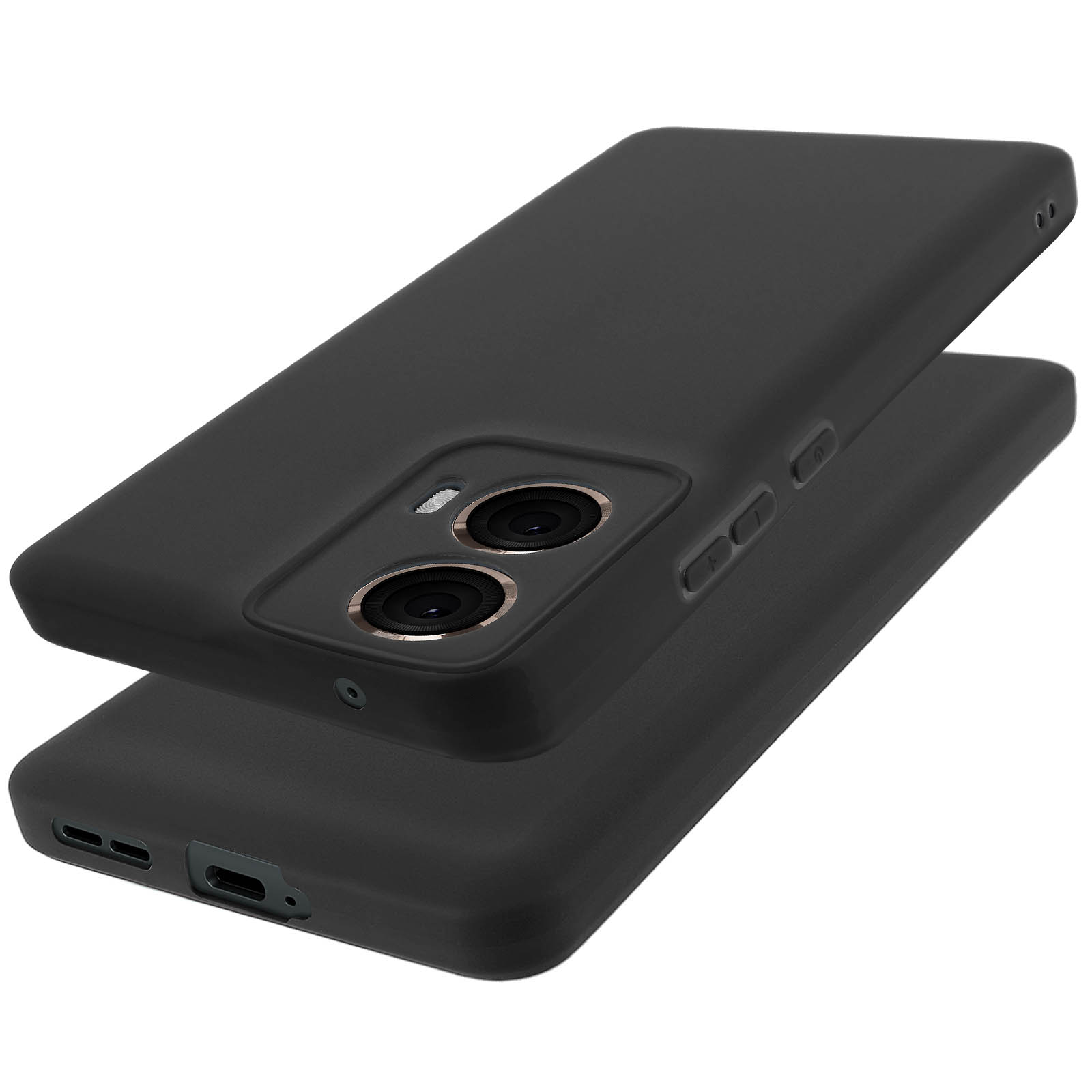 Custodia per telefono nera con sporgenza della fotocamera. Due custodie impilate, che mostrano la fotocamera e la porta di ricarica.
