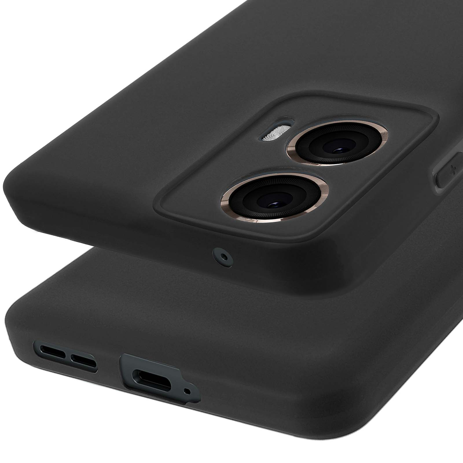 Una custodia nera con fori per la fotocamera, impilata su un'altra custodia, che mostra i dettagli della fotocamera.