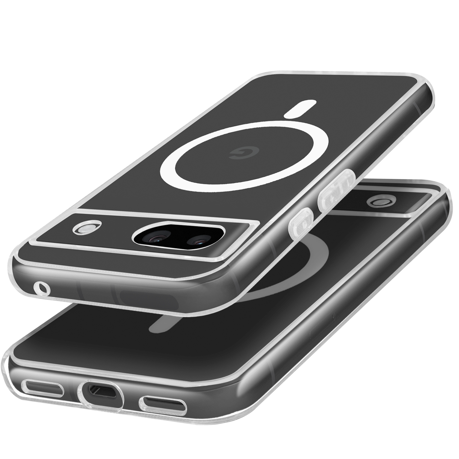 Due custodie trasparenti per telefono. Una sopra l'altra. Cerchio bianco sulle custodie.