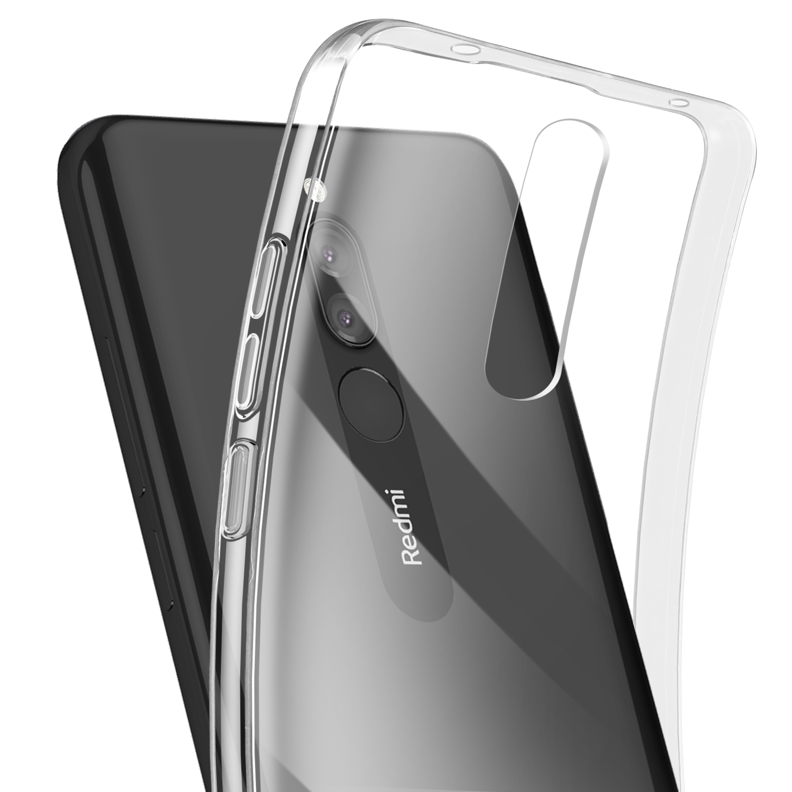 Custodia trasparente su telefono nero. Custodia aperta, rivela il telefono. Testo 'Redmi'.
