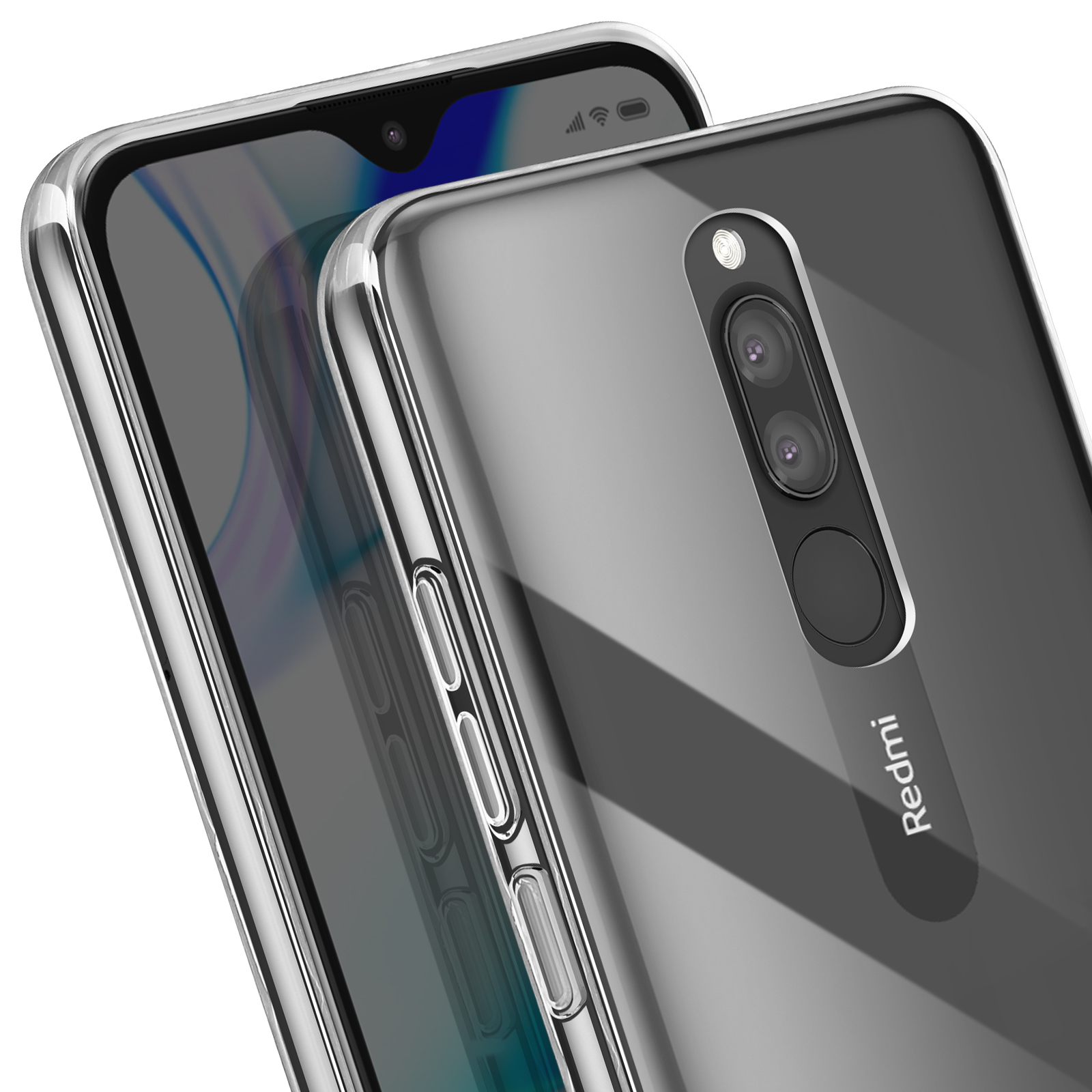 Custodia trasparente per telefono, con telefono. Il telefono ha due fotocamere e 'Redmi'.