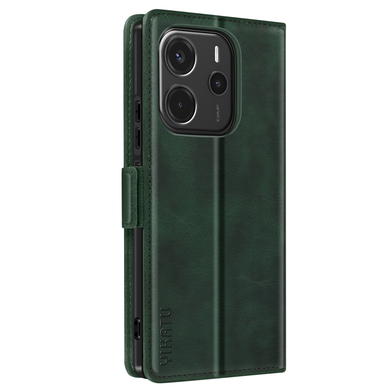 Custodia in pelle verde, chiusa. Il telefono è dentro. Ha il testo 'YIKATU'. Verde scuro.