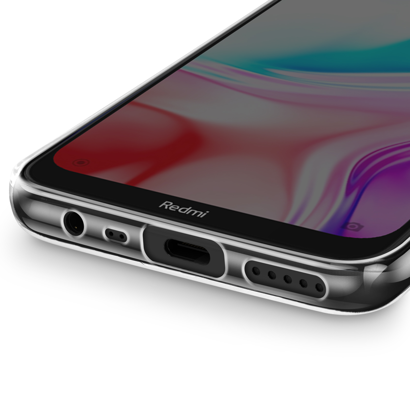 Primo piano della parte inferiore di un telefono con custodia trasparente.