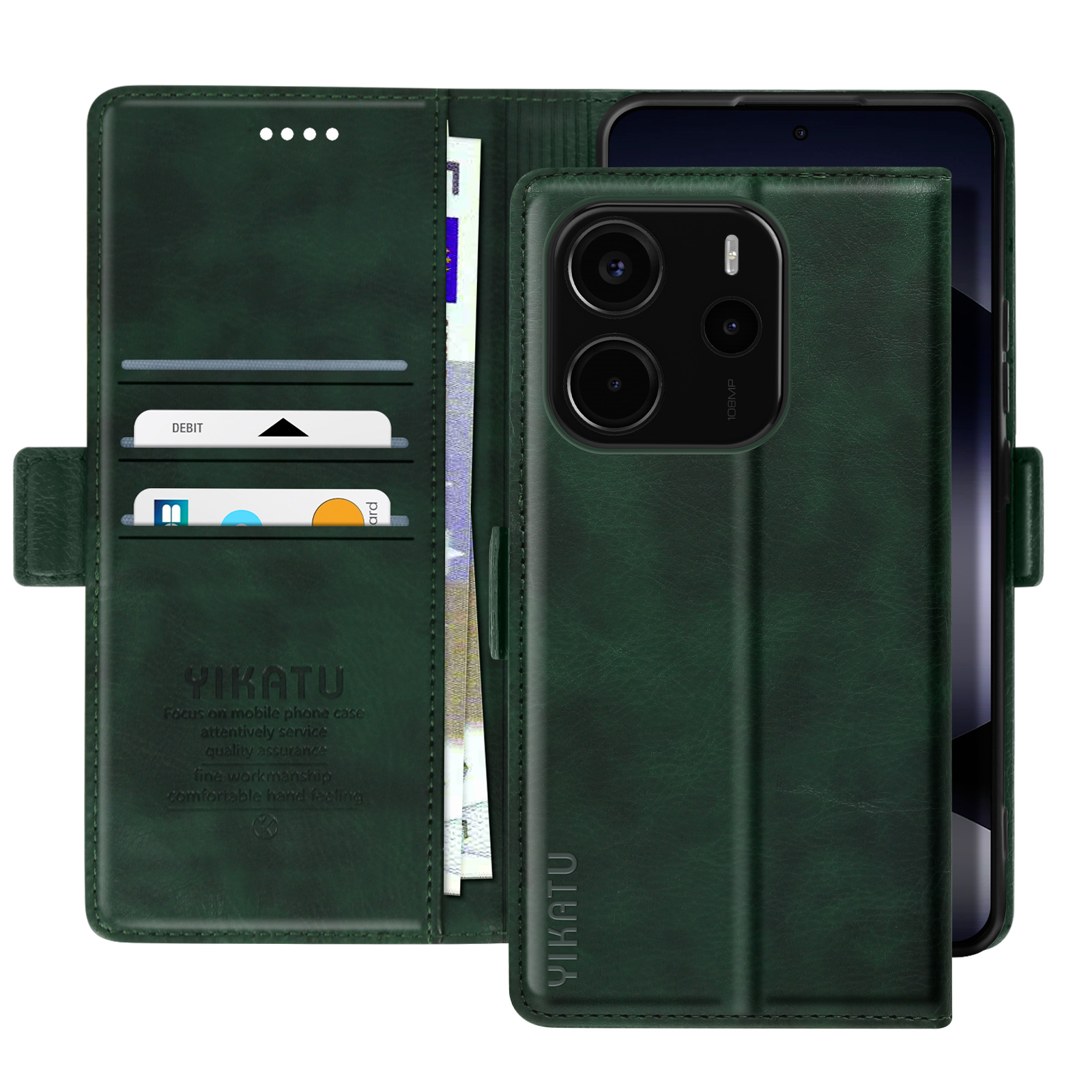 Custodia per telefono in pelle verde, aperta con carte e un telefono dentro. Testo sulla custodia.
