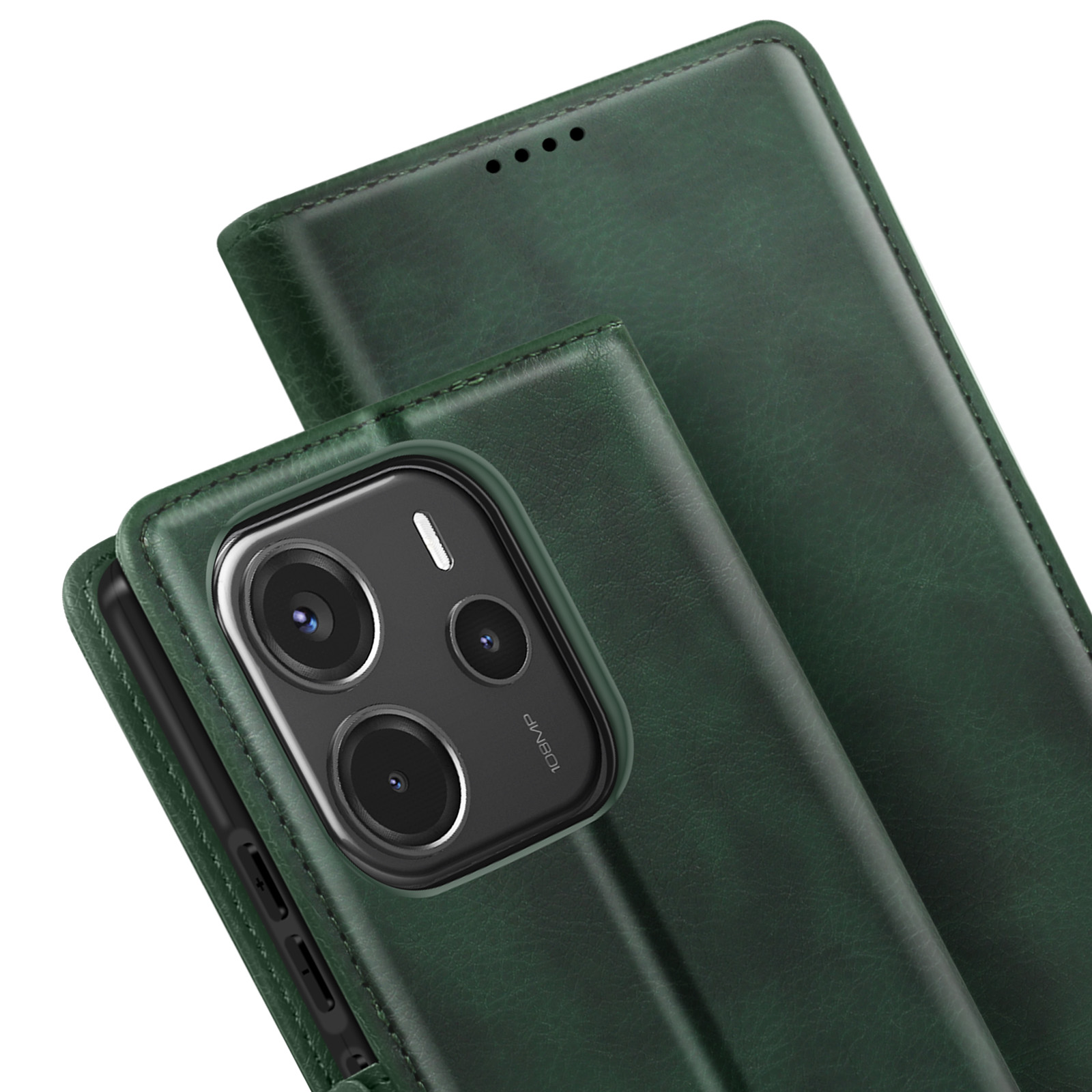 Custodia verde, aperta. Un telefono con fotocamera è visibile.