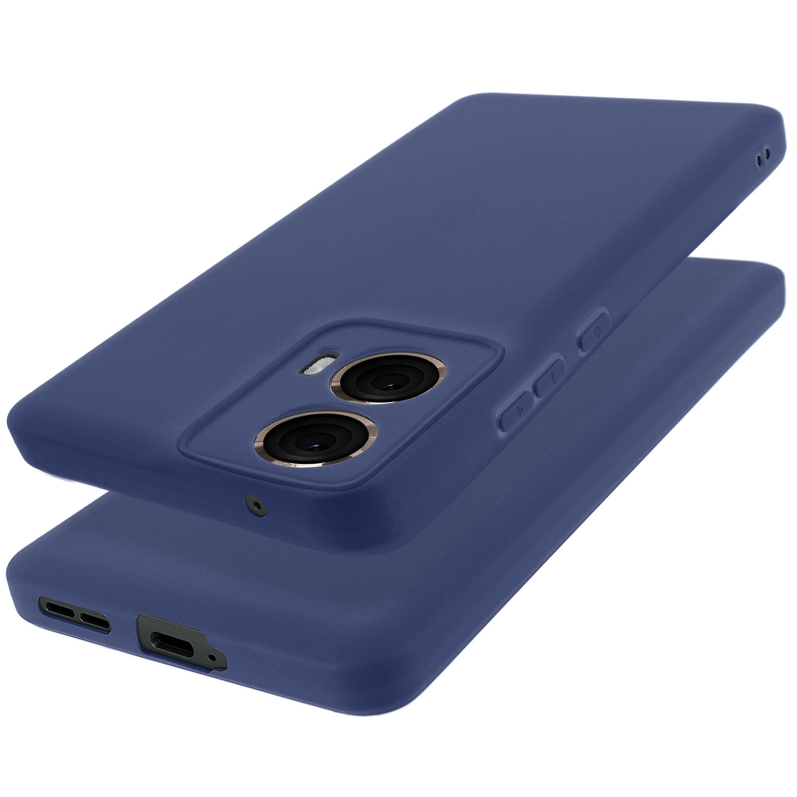 Due custodie blu navy per telefono. Una sopra l'altra, che mostrano la fotocamera e i pulsanti.