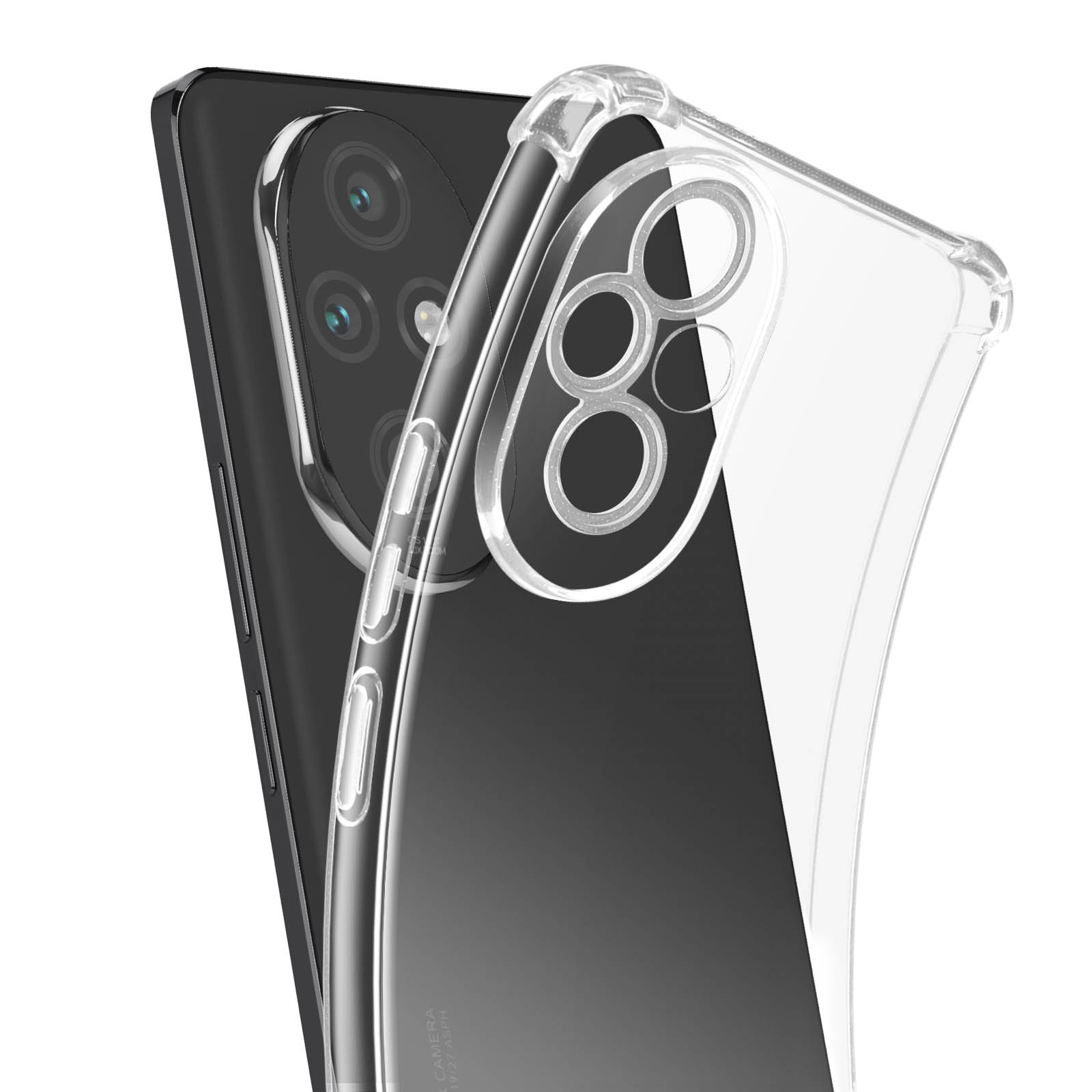Un telefono in una custodia trasparente su un telefono nero. L'area della fotocamera è visibile.