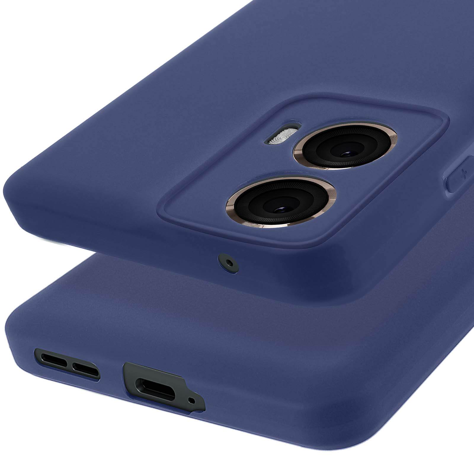 Primo piano di due custodie blu navy per telefono. Una sopra l'altra con la fotocamera visibile.