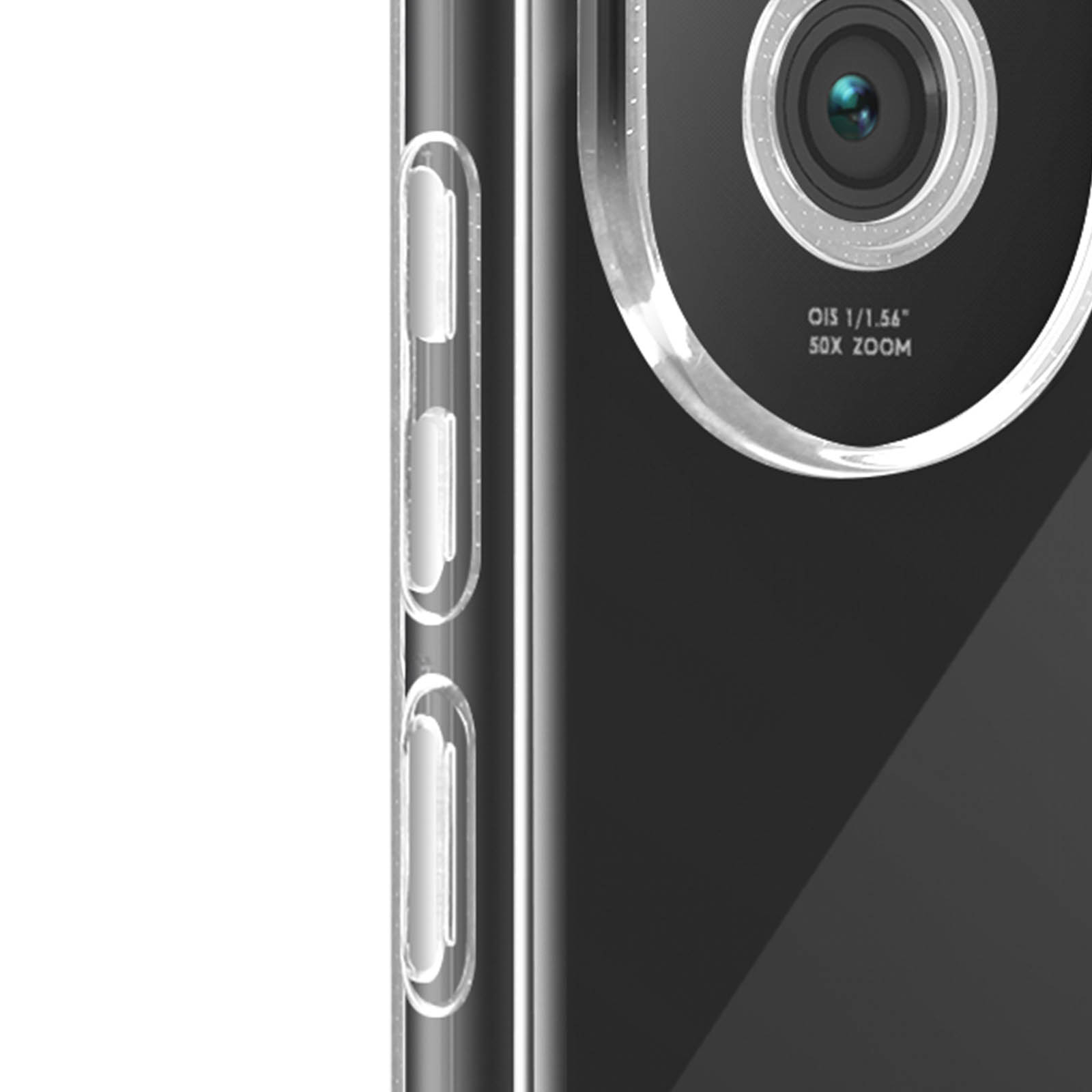 Primo piano della fotocamera di un telefono. L'obiettivo ha del testo sopra.