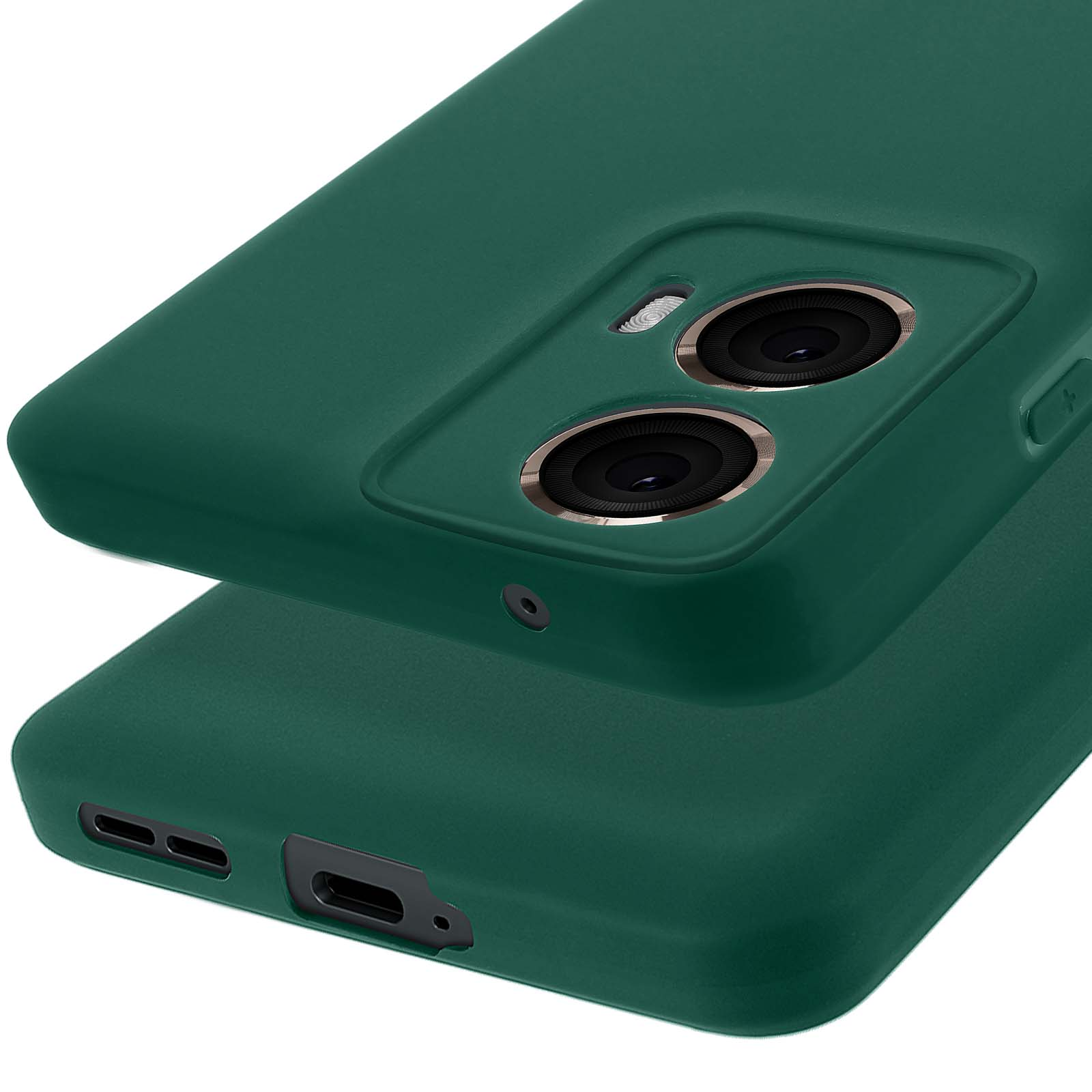 Due custodie per telefono verde scuro. Una è sopra l'altra. Ognuna ha ritagli per la fotocamera.