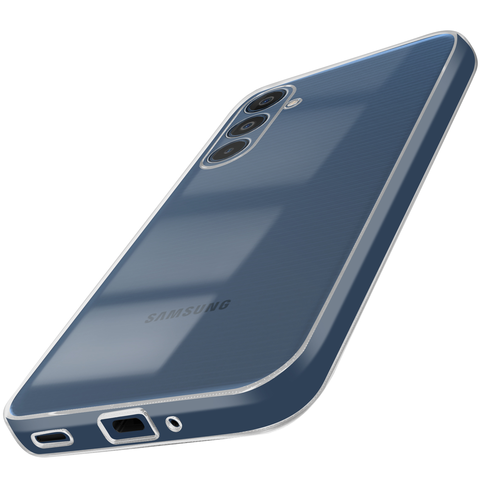 Una custodia blu per telefono su un telefono. Il telefono è leggermente angolato, mostrando la fotocamera.