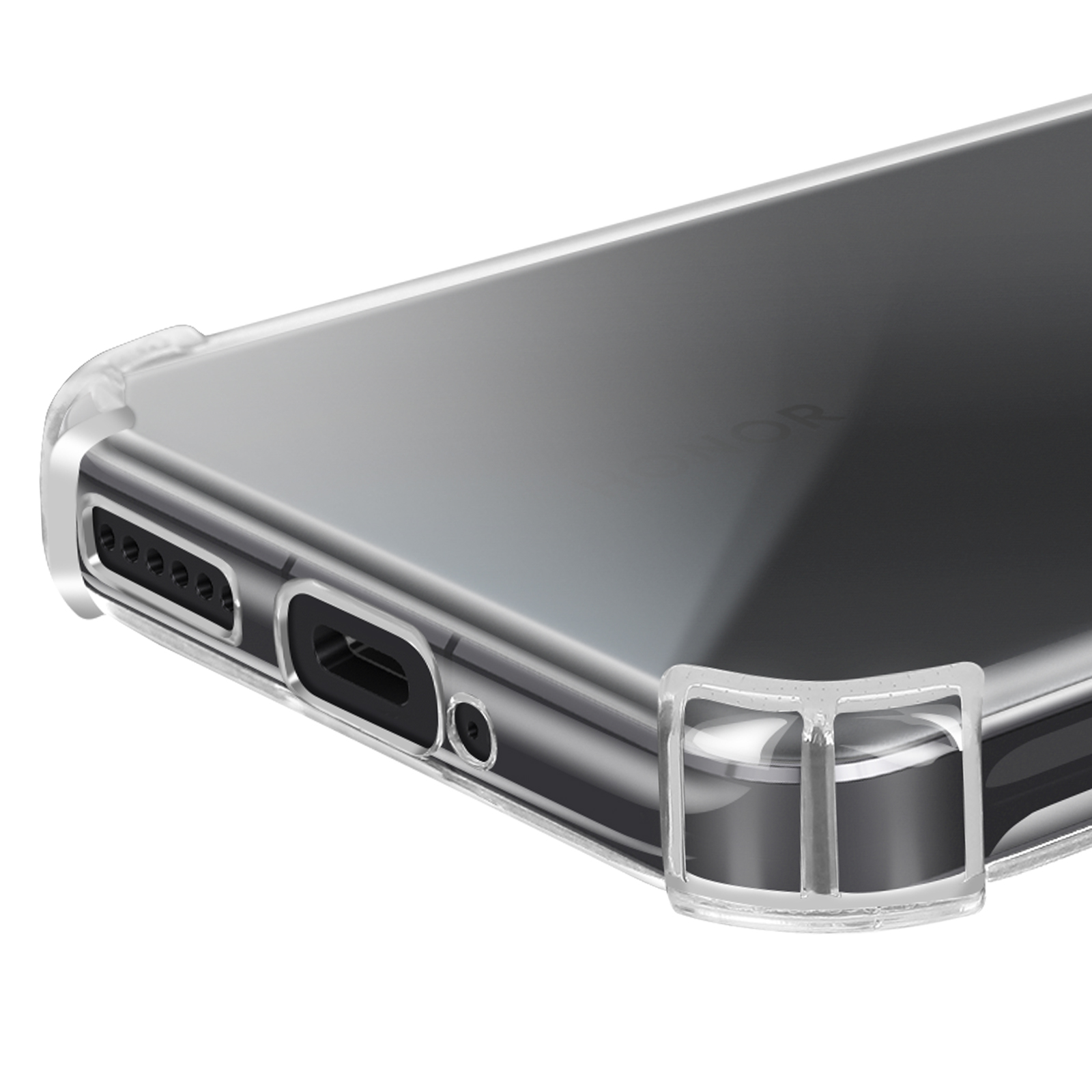 Primo piano di una custodia per telefono. Plastica trasparente attorno al bordo. Parte inferiore del telefono con fori.