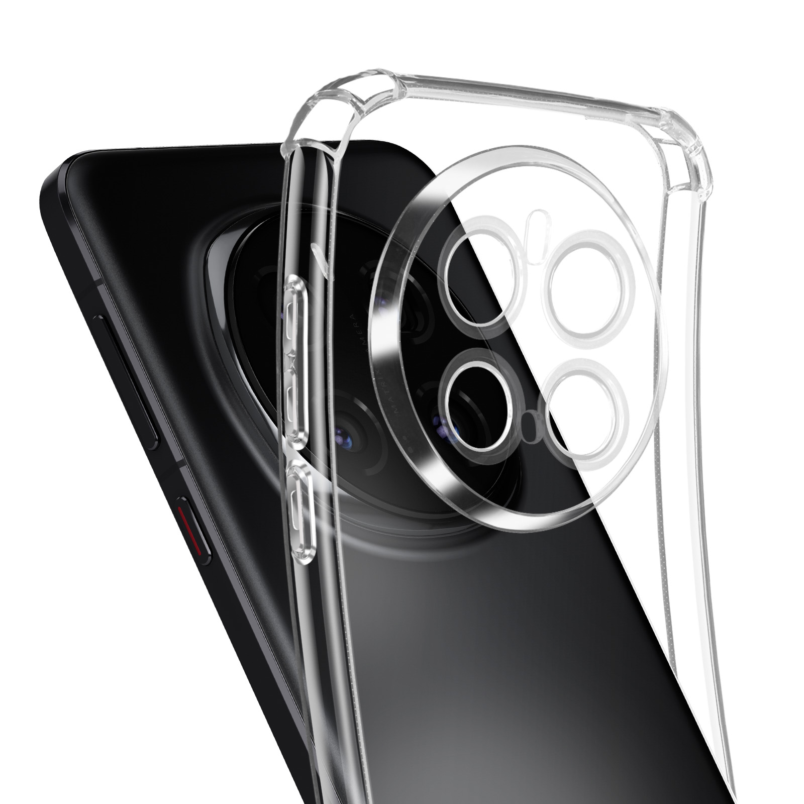 Custodia trasparente su un telefono nero, mostra le lenti della fotocamera e i pulsanti laterali.