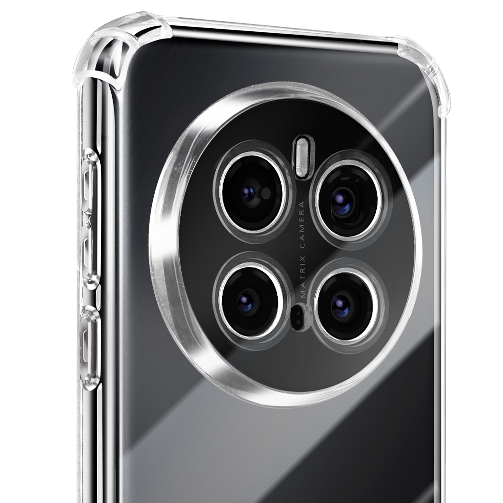 Custodia trasparente che mostra il retro di un telefono. Quattro lenti della fotocamera al centro.