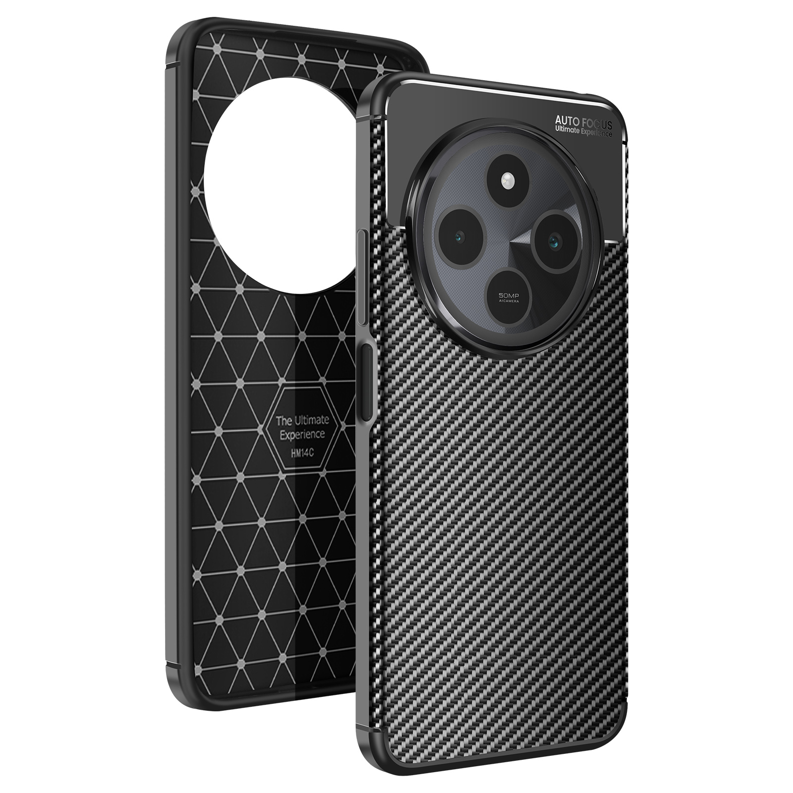 Custodia per telefono nera con trama in fibra di carbonio. Un'ammaccatura della fotocamera presenta 3 lenti. La custodia è accanto al suo pezzo posteriore.