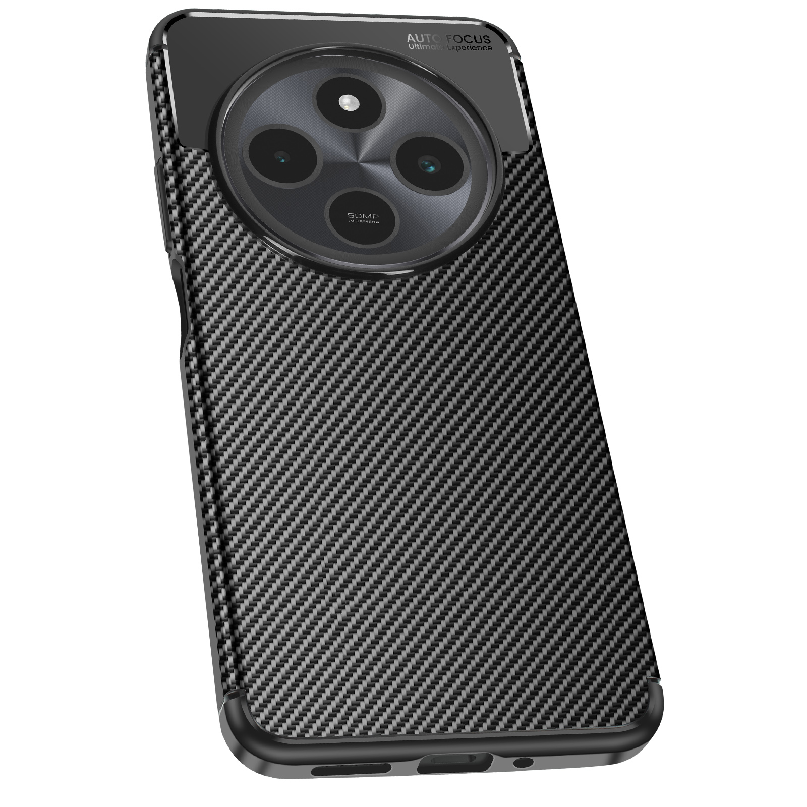 Custodia per telefono nera con texture in fibra di carbonio, con il rilievo della fotocamera e le lenti.