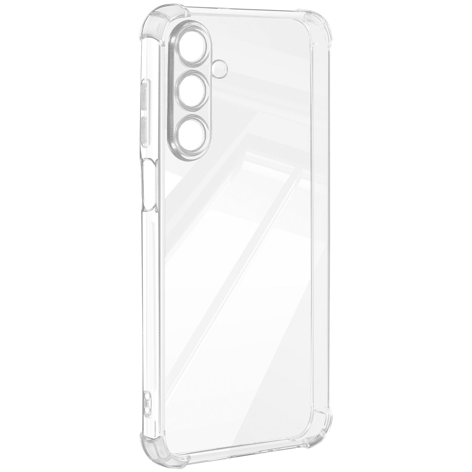 Una custodia per telefono trasparente e trasparente. La custodia ha tre fori per la fotocamera e un piccolo foro per il flash. La custodia è trasparente.