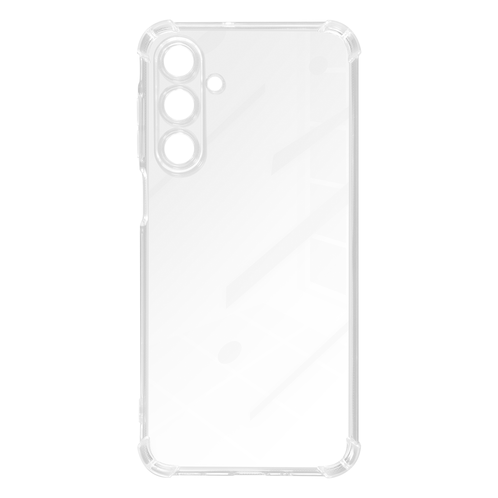 Una custodia per telefono trasparente e trasparente. La custodia ha tre fori per la fotocamera e un piccolo foro per il flash. La custodia è trasparente.