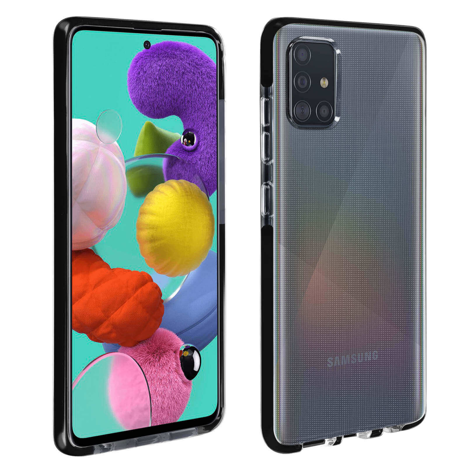 Telefono con custodia trasparente. Lo schermo mostra oggetti colorati.