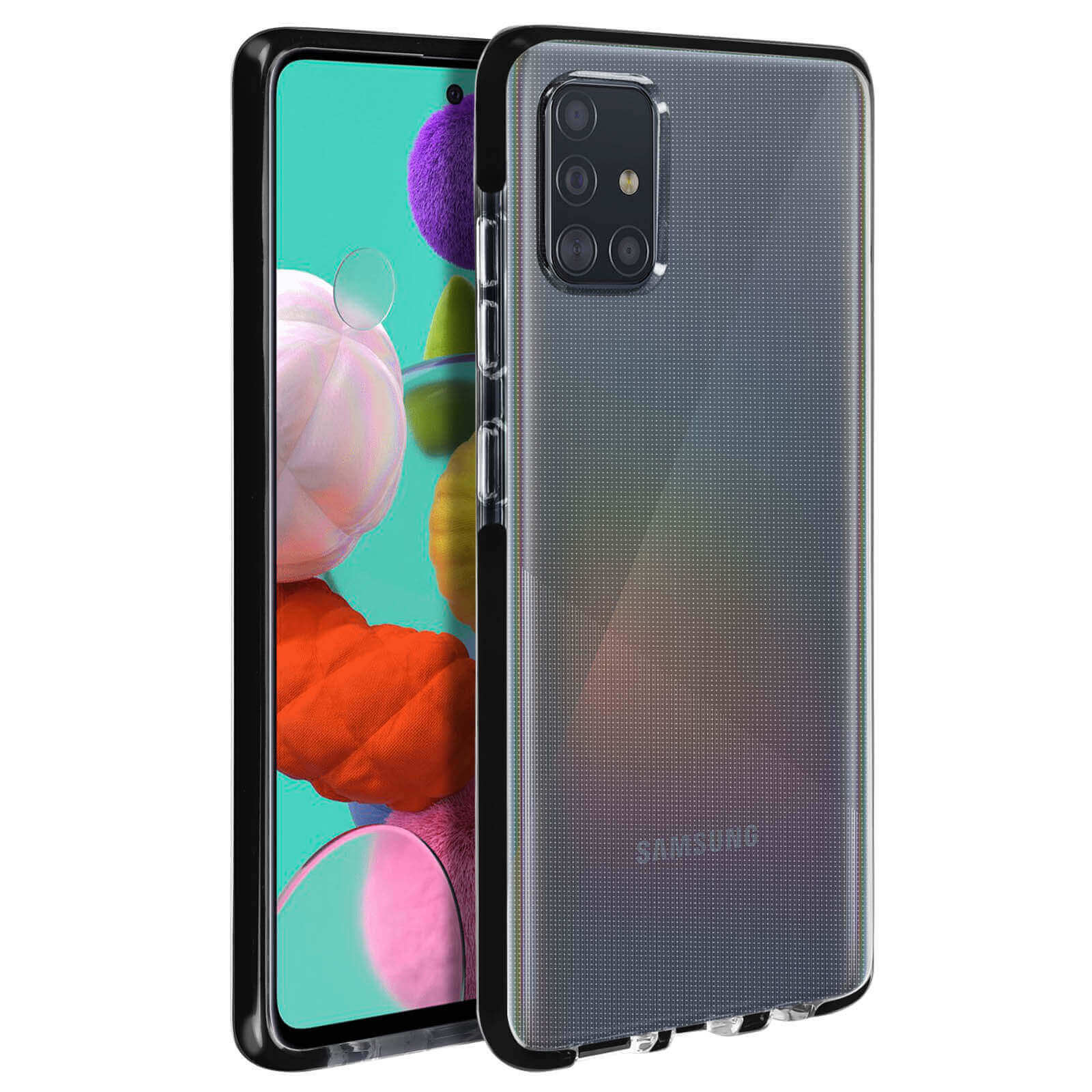 Telefono con custodia trasparente. La parte posteriore del telefono è visibile.