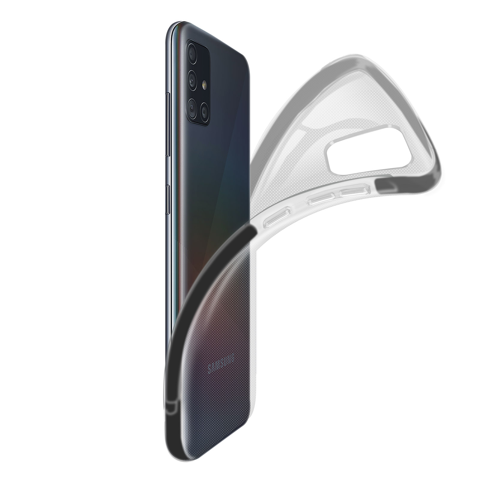 Un telefono in una custodia trasparente. La custodia è separata dal telefono, mostrando il design sul retro. La custodia ha una cornice nera.