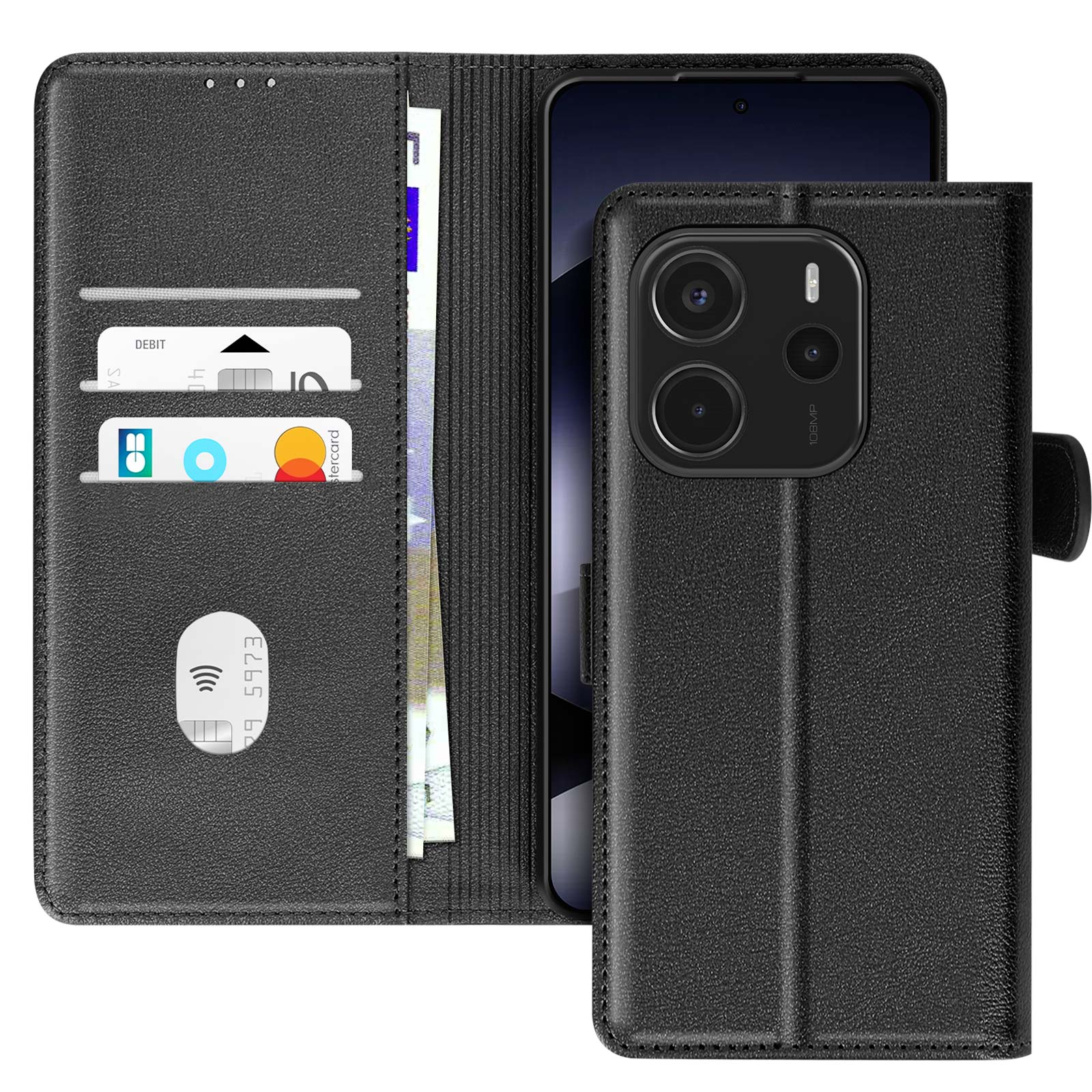 Custodia nera aperta, con carte di credito e contanti all'interno. Un telefono è visibile.