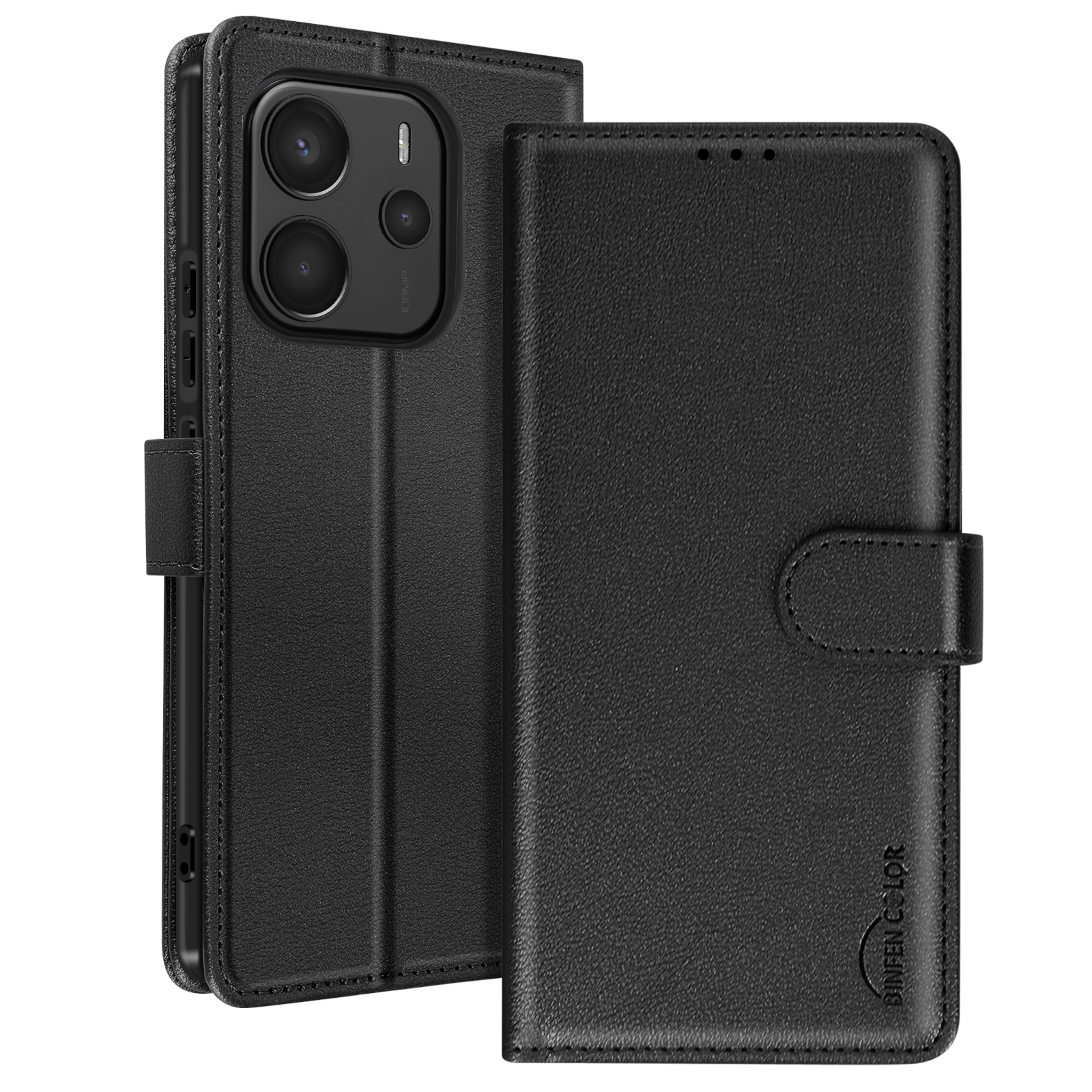Custodia nera, chiusa e aperta. Ha una chiusura magnetica. Il telefono è all'interno.