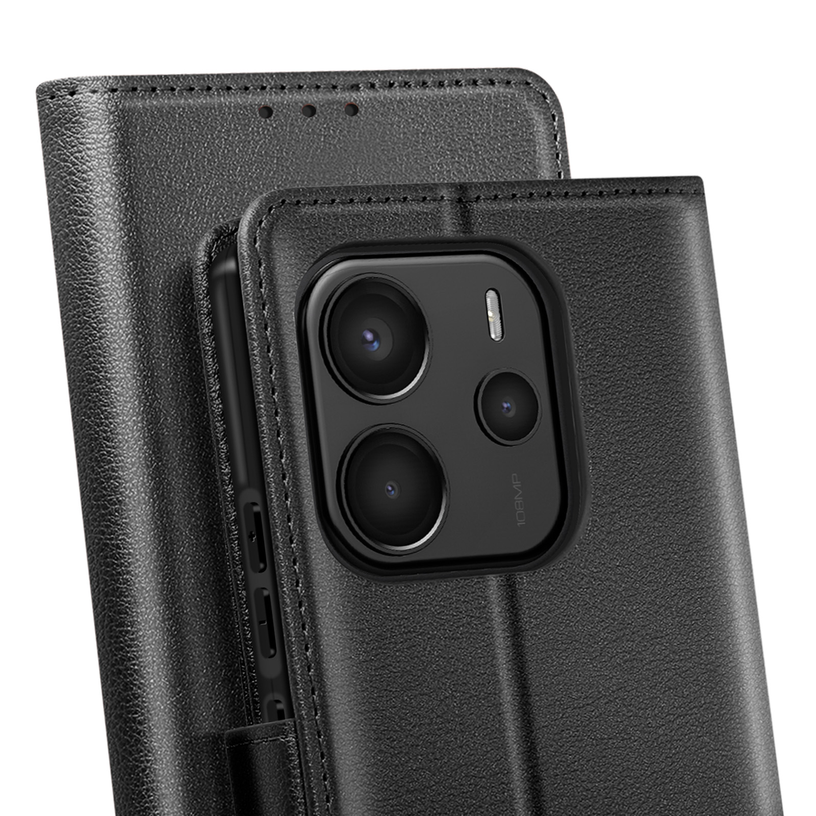 Custodia nera con telefono all'interno. Il telefono ha più fotocamere. Custodia aperta.