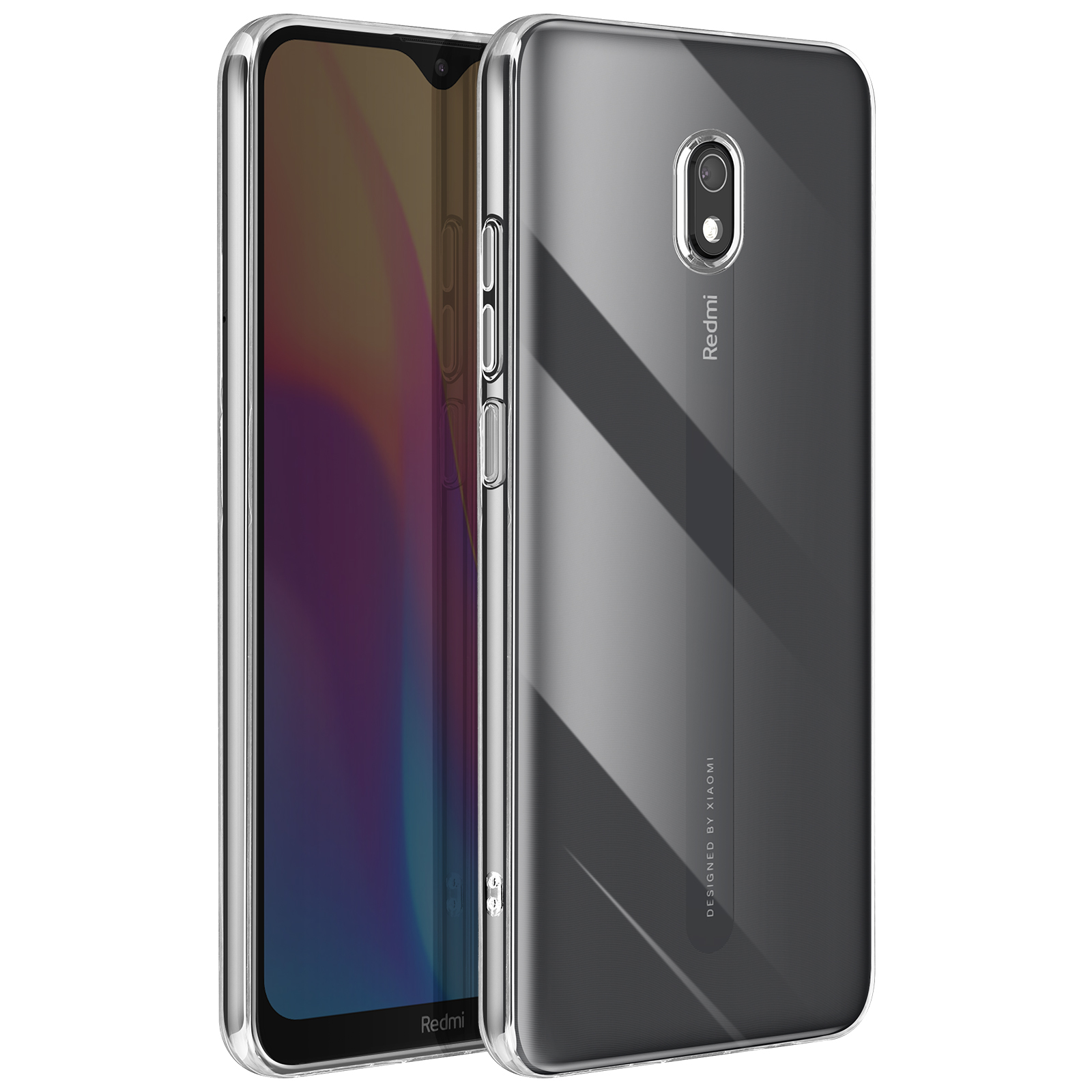 Custodia trasparente su un telefono. Logo Redmi visibile. Mostrata la parte posteriore e laterale del telefono.