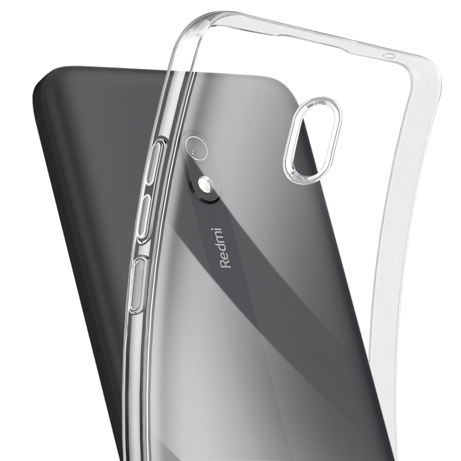 Custodia trasparente su un telefono. Logo Redmi visibile. Mostra la parte posteriore e la fotocamera del telefono.