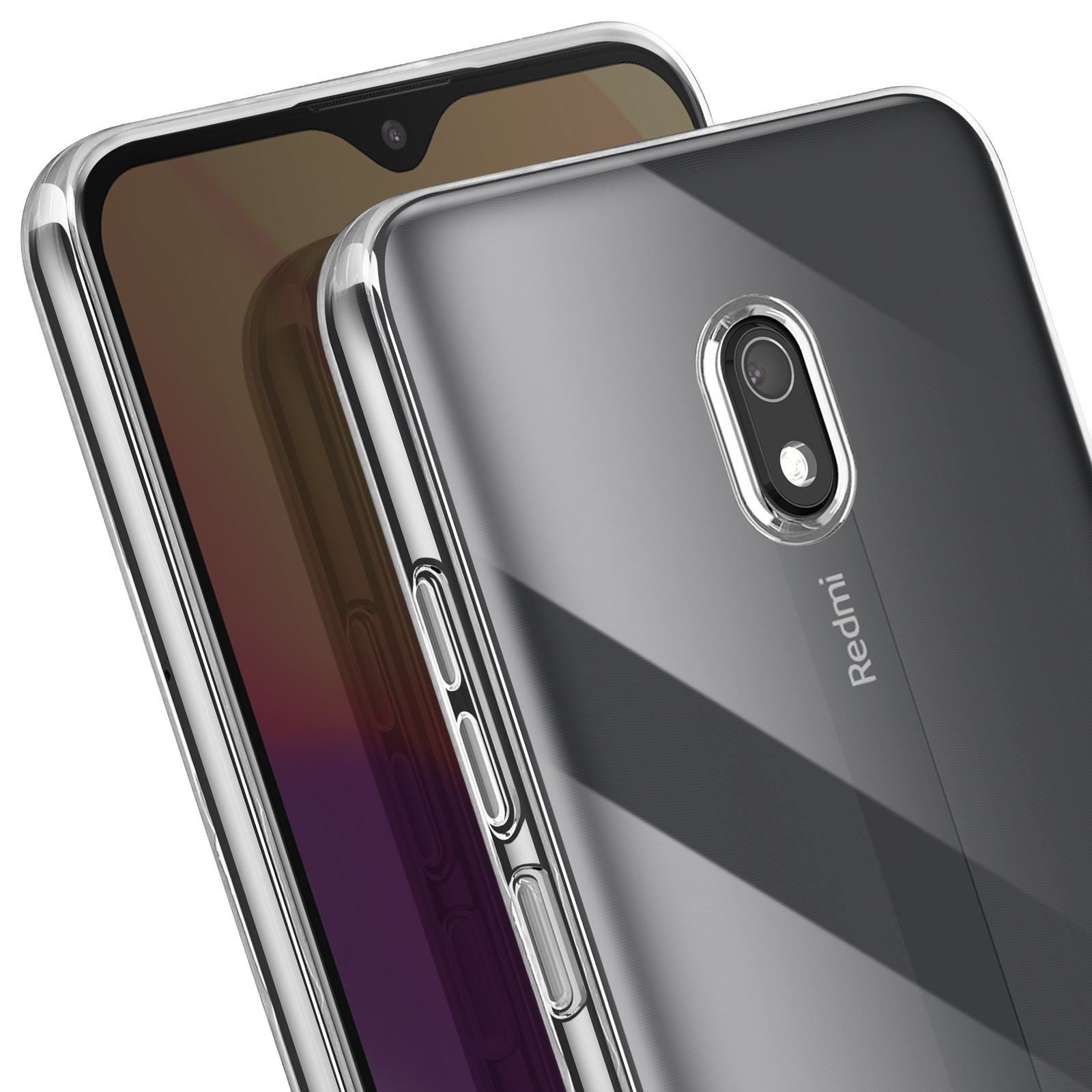Custodia trasparente. Il telefono ha una fotocamera e il logo Redmi. Il telefono è nella custodia.