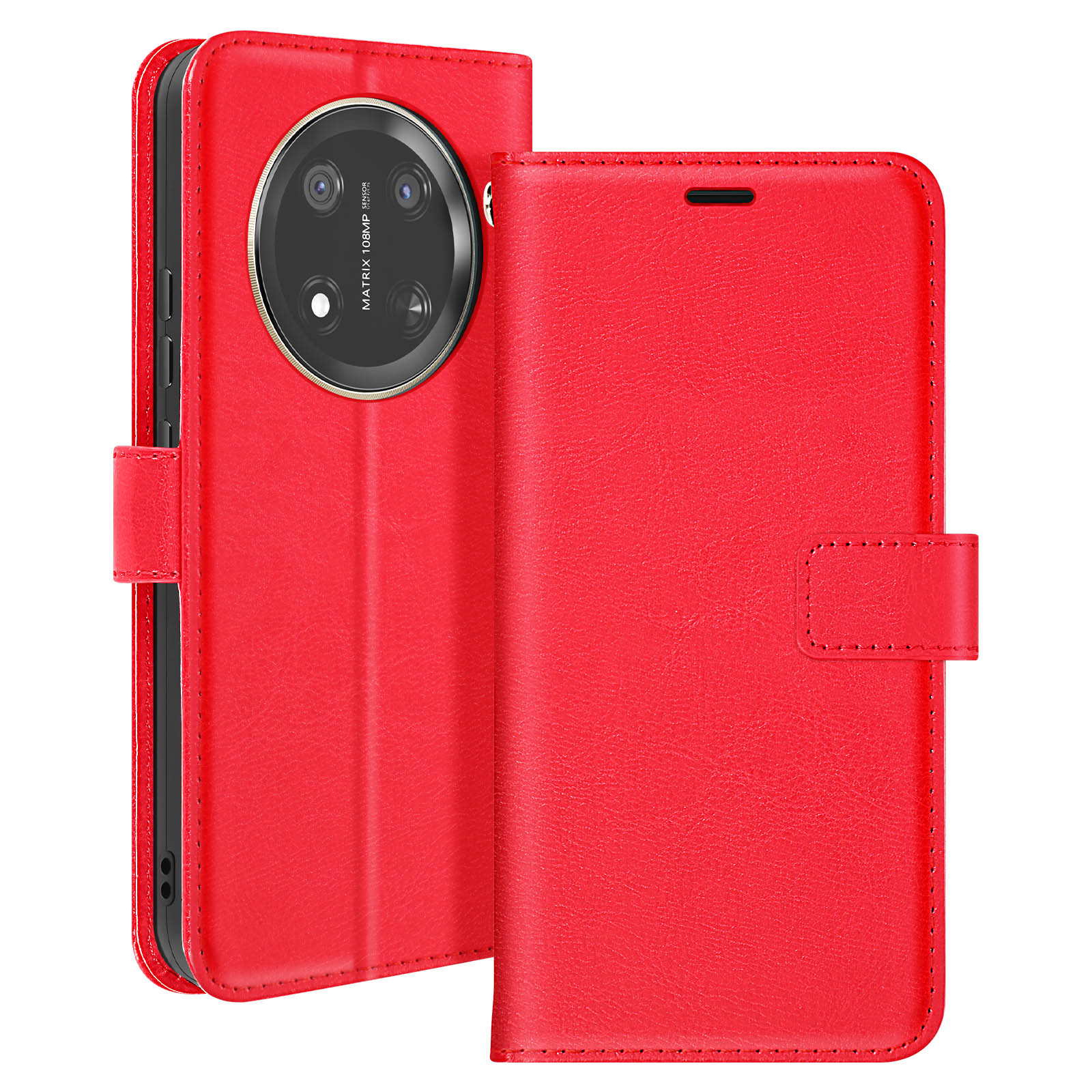 Custodia rossa con telefono all'interno. Ha chiusura magnetica e più fotocamere.