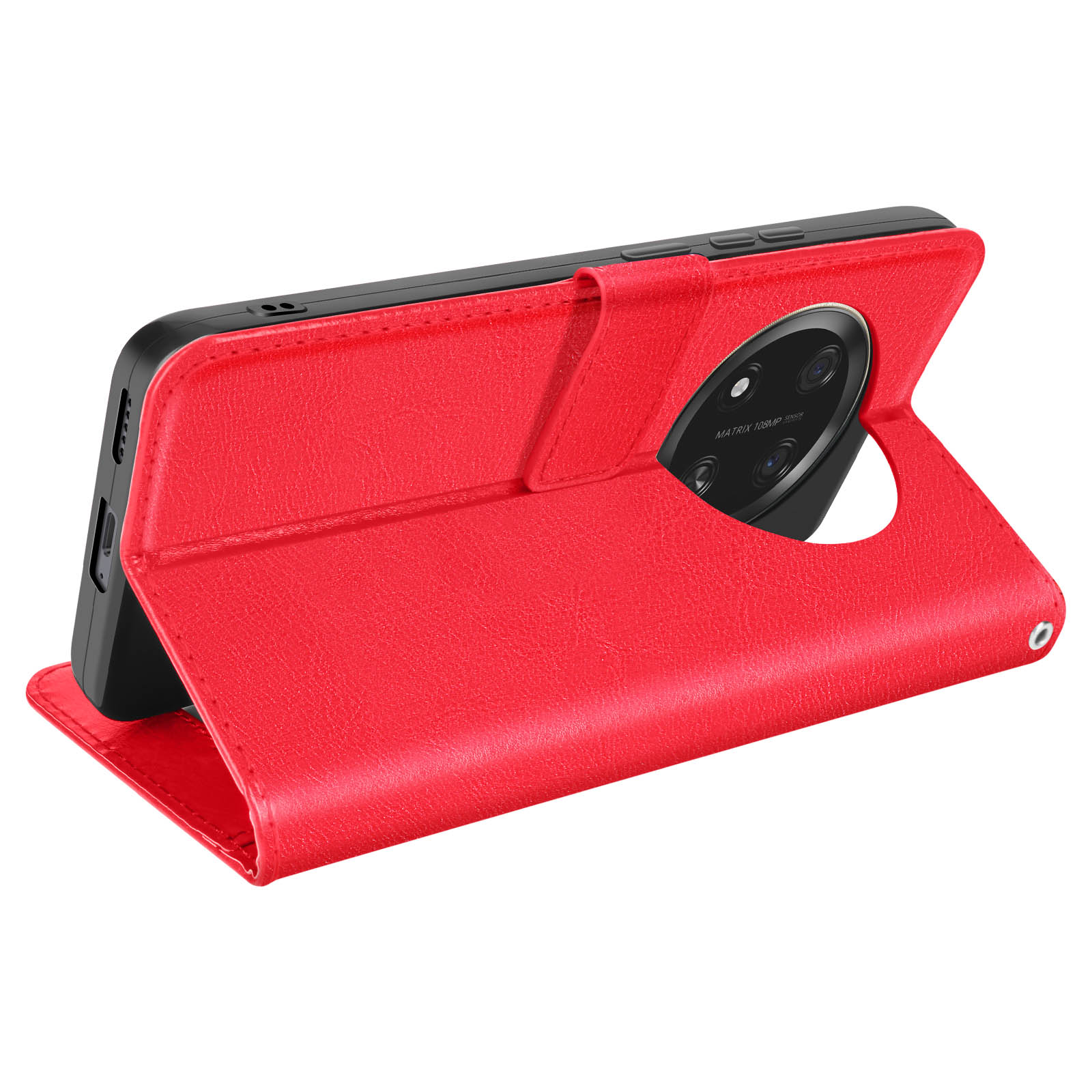 Custodia rossa, aperta, con telefono, fotocamera visibile. Su superficie bianca.
