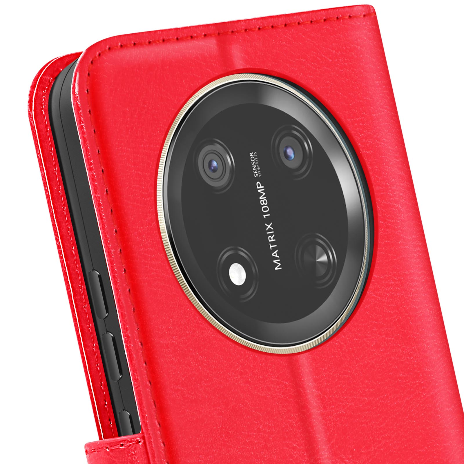 Custodia rossa con telefono. Le lenti della fotocamera sono visibili. Custodia aperta.