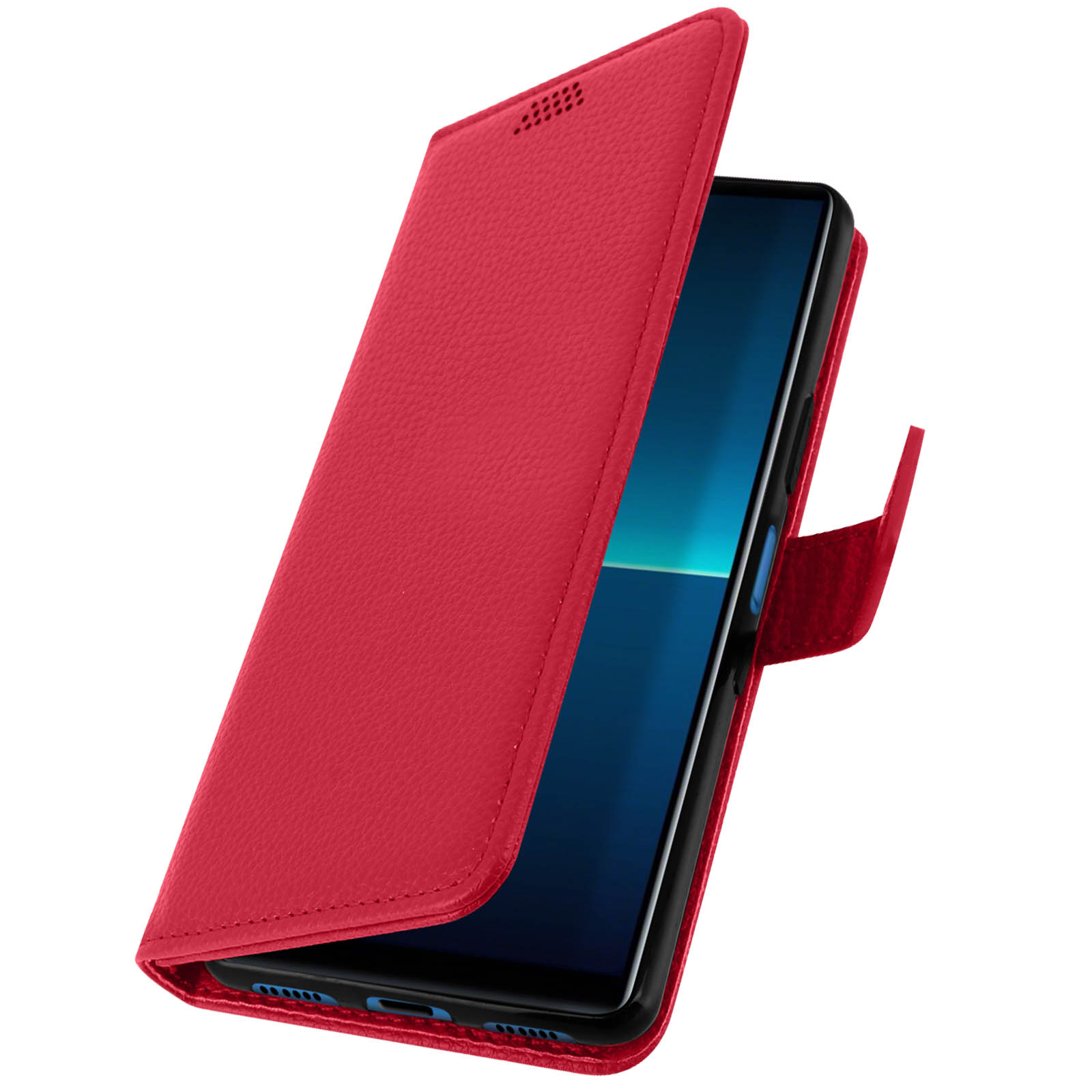 Custodia rossa aperta. Il telefono è all'interno con lo schermo visibile. Chiusura magnetica.