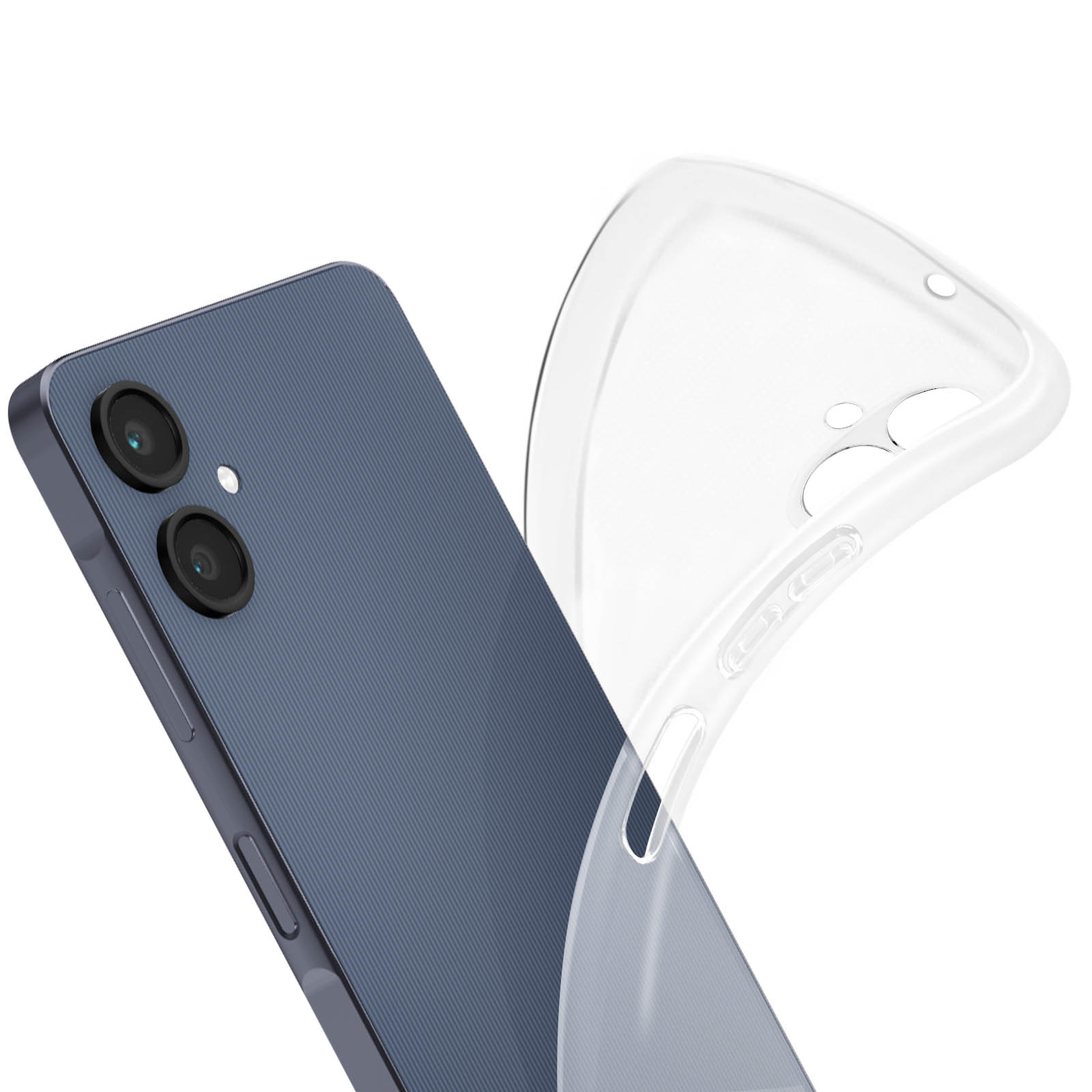 Telefono blu con una custodia trasparente. La custodia è flessibile e trasparente.
