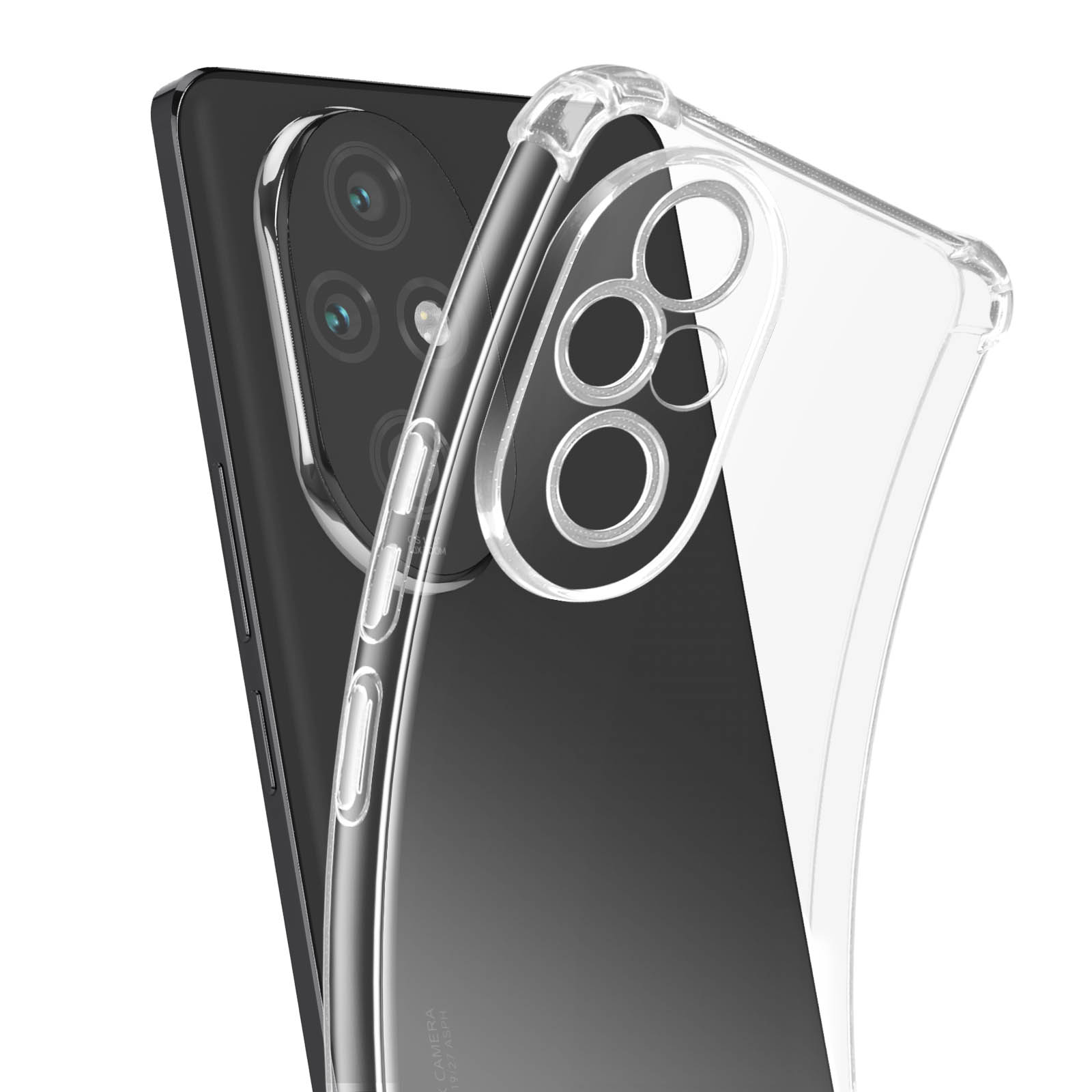 Telefono con custodia trasparente. Il telefono è nero con tre fotocamere. Custodia trasparente.