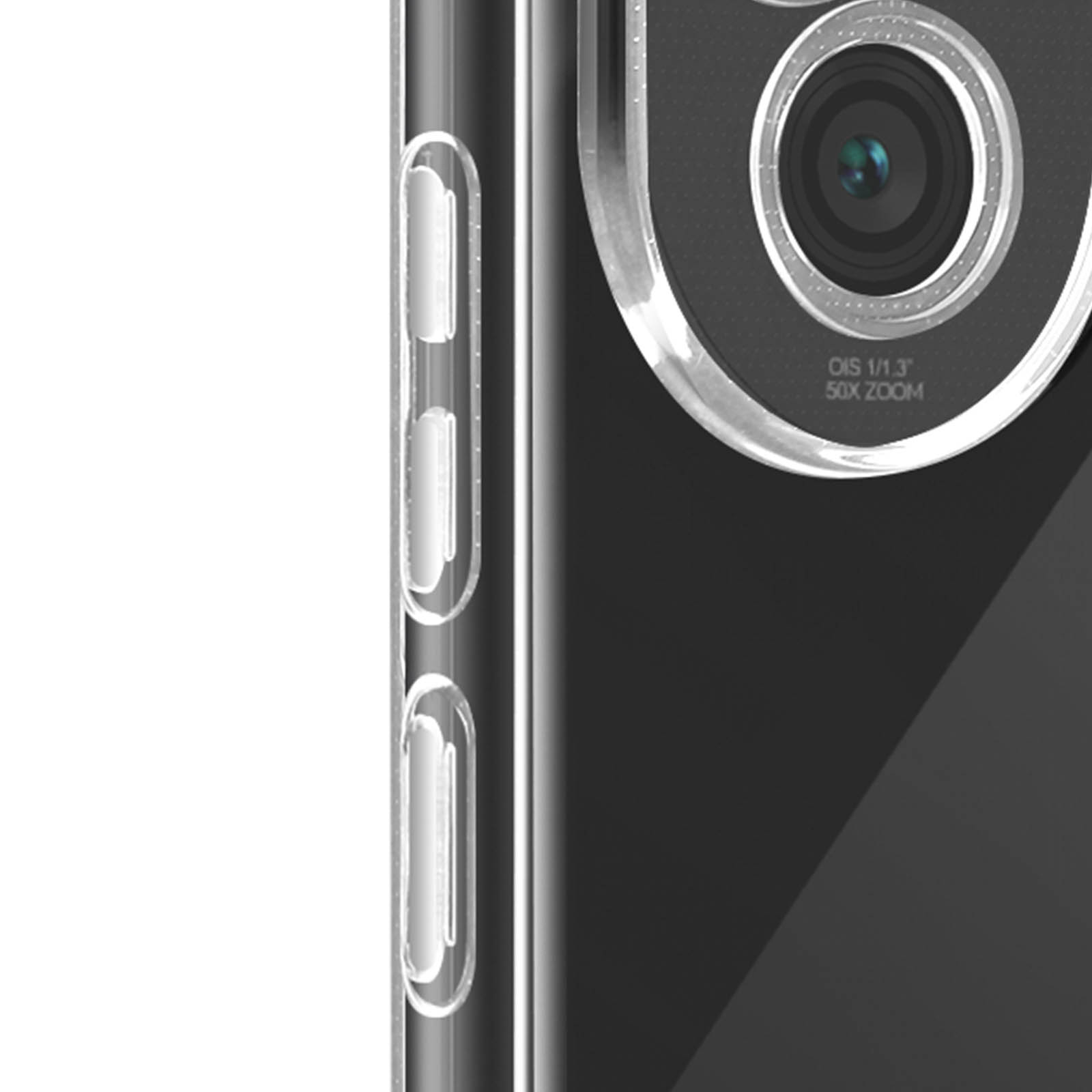 Primo piano di un telefono con una custodia trasparente. La fotocamera è visibile.