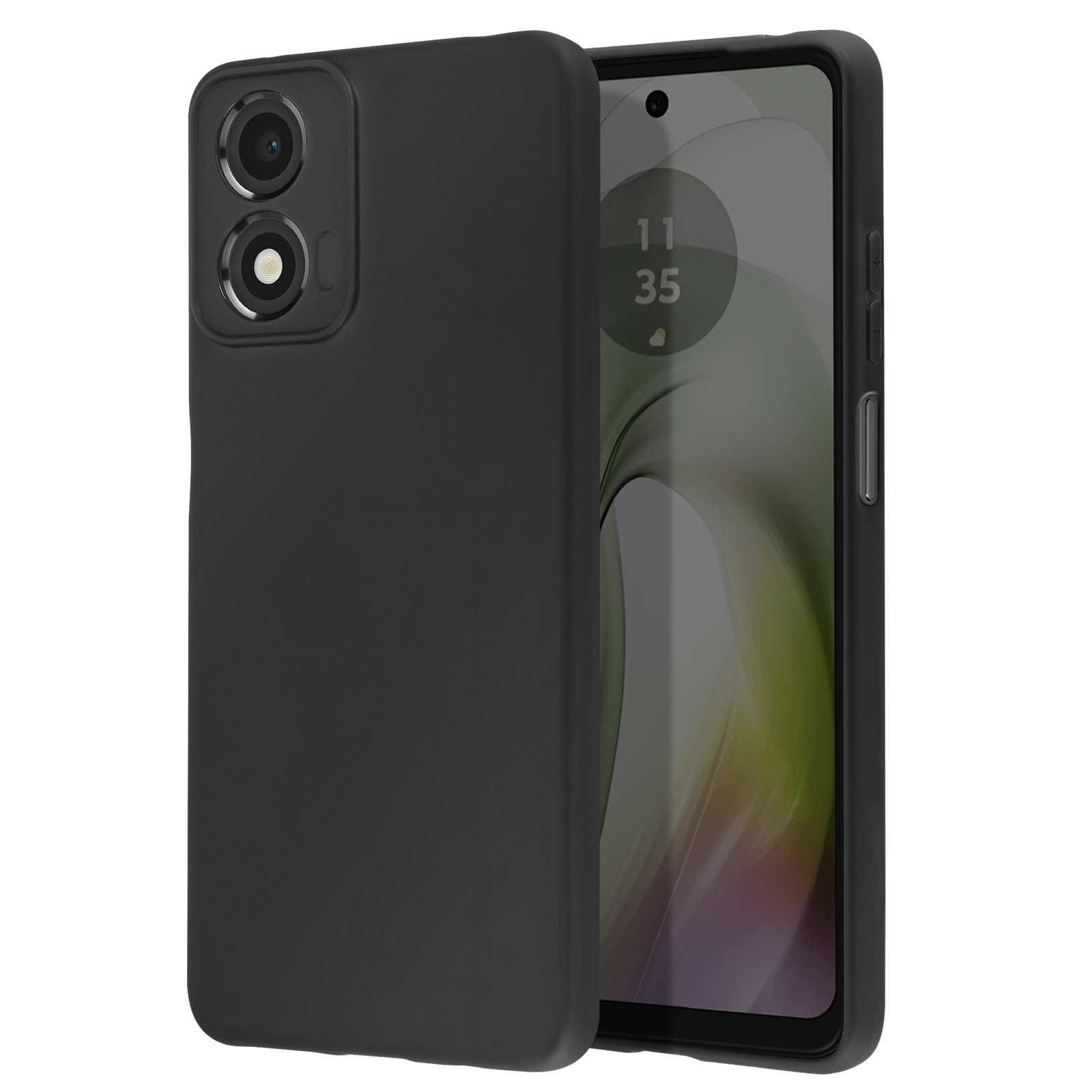 Custodia nera con doppia fotocamera e flash. Il telefono mostra l'ora. La custodia è su sfondo bianco.