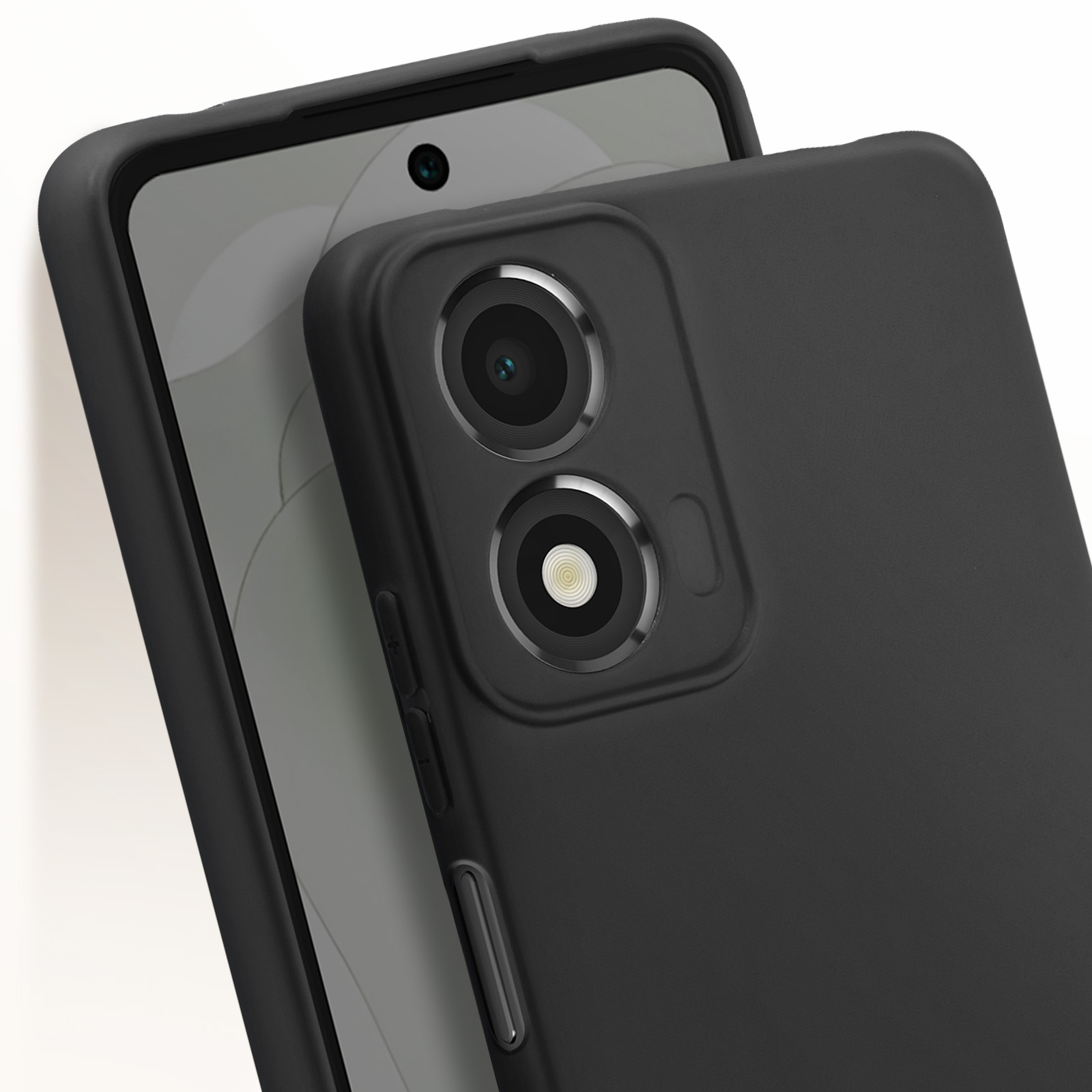 Primo piano di una custodia per telefono nera con doppie lenti della fotocamera. Il telefono è su sfondo bianco.