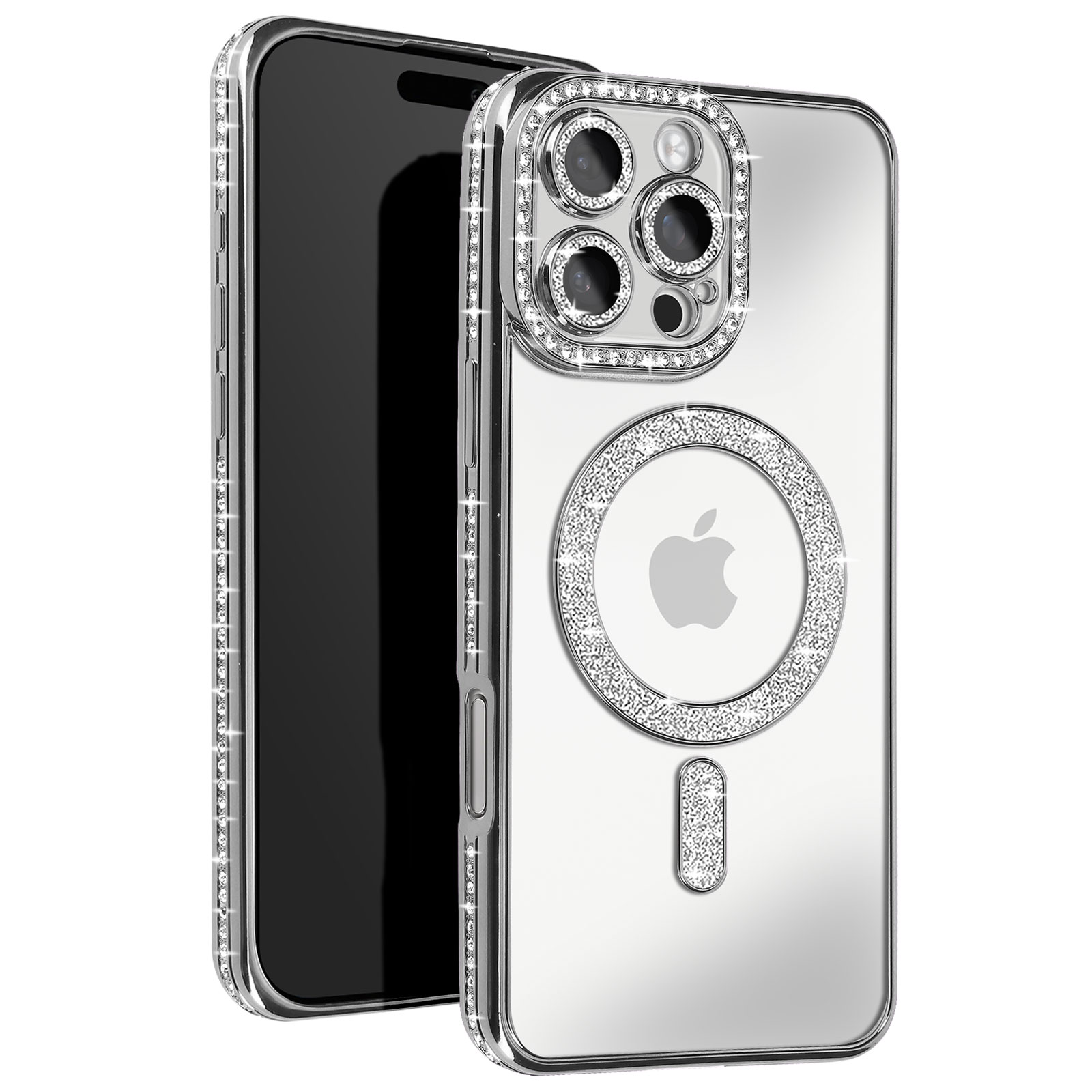 Custodia argentata con strass attorno alla fotocamera e ai bordi. Sfondo bianco.