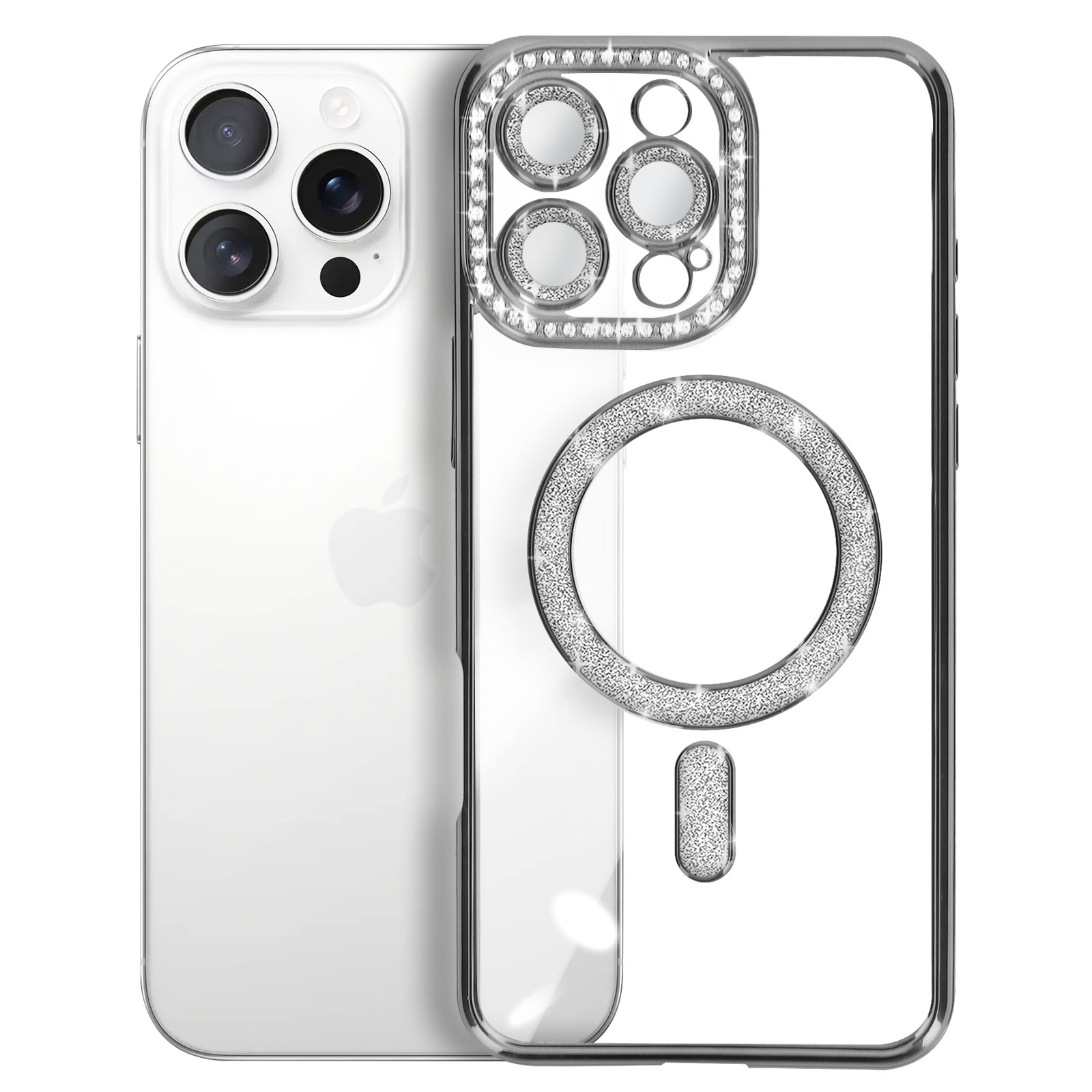 Telefono bianco con custodia trasparente e strass intorno alla fotocamera.